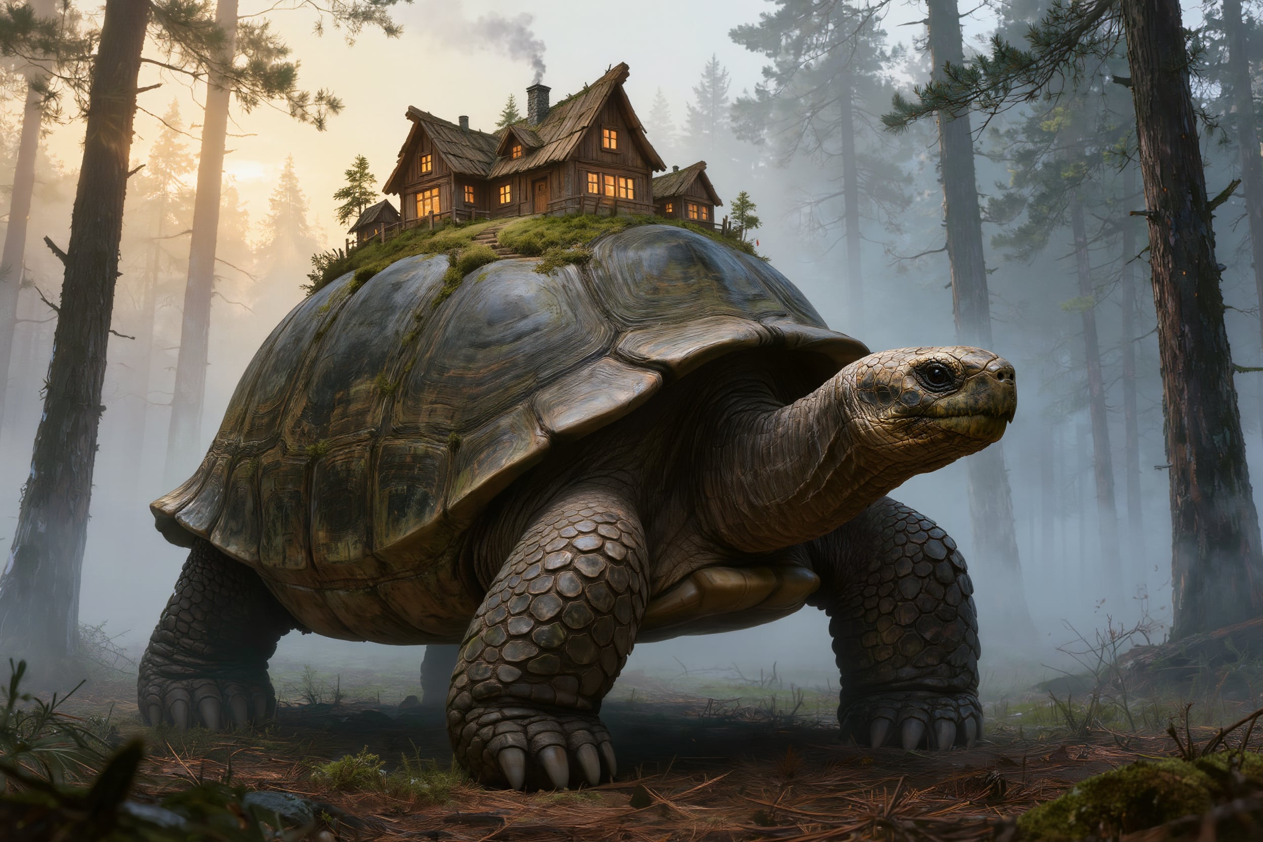 A giant tortoise walks through a misty pine forest with a wooden house on its mossy shell