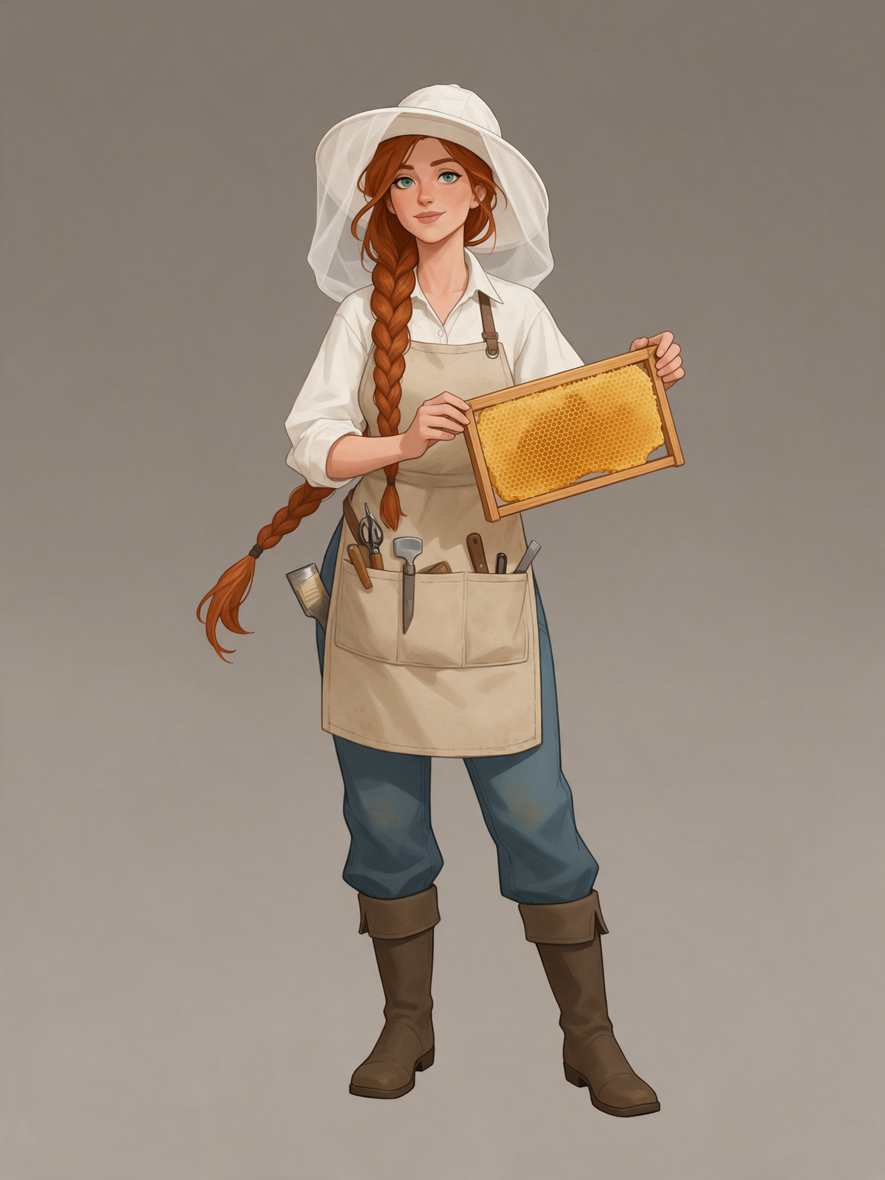 A full body character design of a beekeeper with a long auburn braid, a white veiled hat and a canvas apron, holding a honeycomb frame