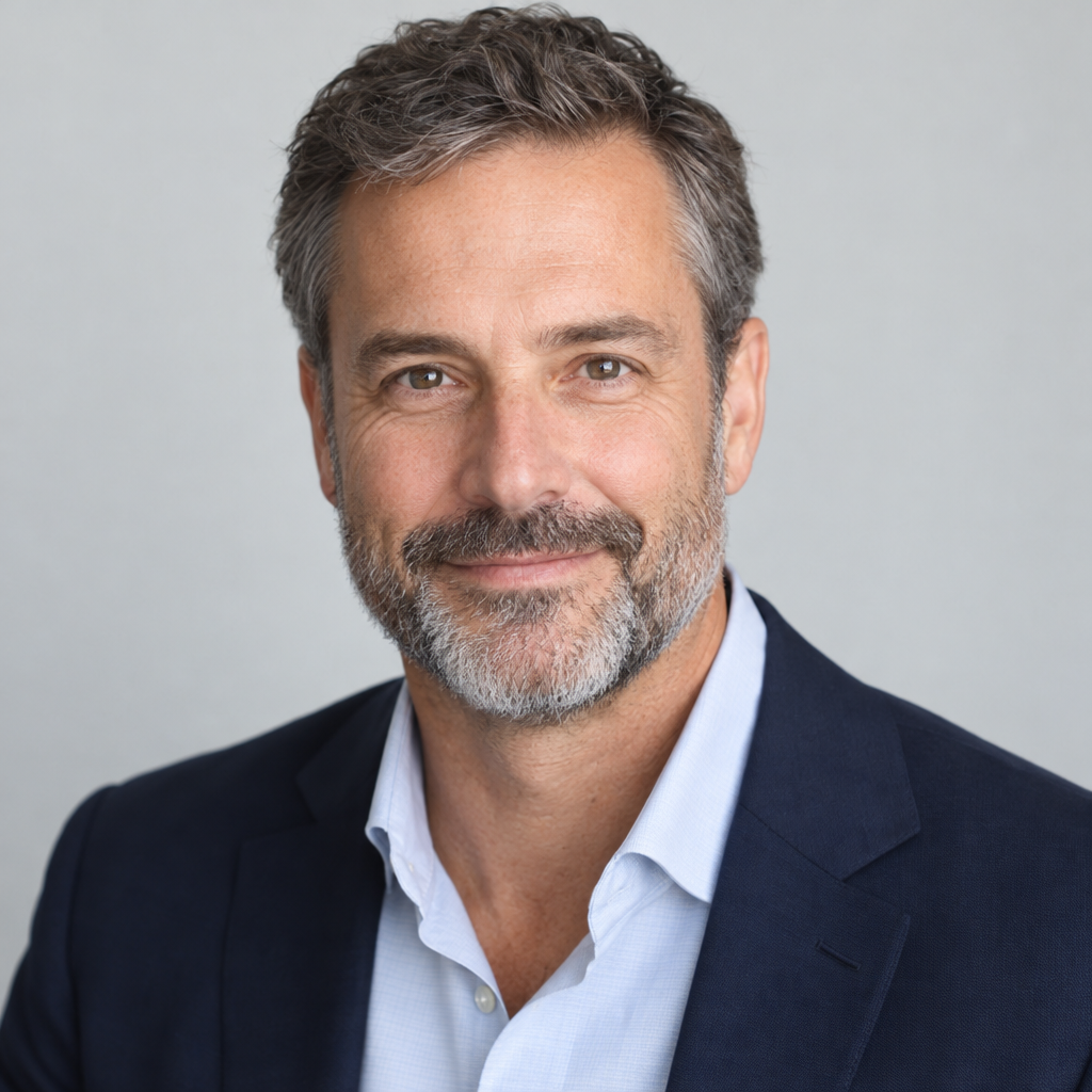 A professional headshot of a man in his fifties with a salt and pepper beard and a navy blazer on a light grey backdrop