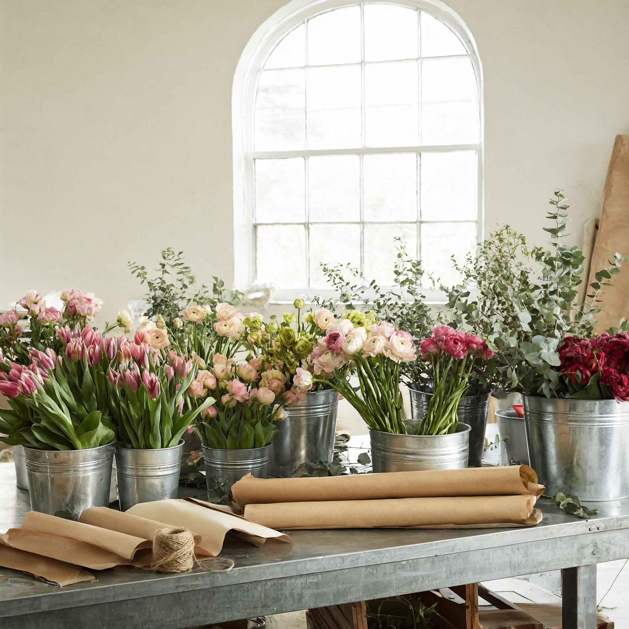 A bright florist workshop with buckets of tulips, ranunculus and eucalyptus on a zinc table under an arched window