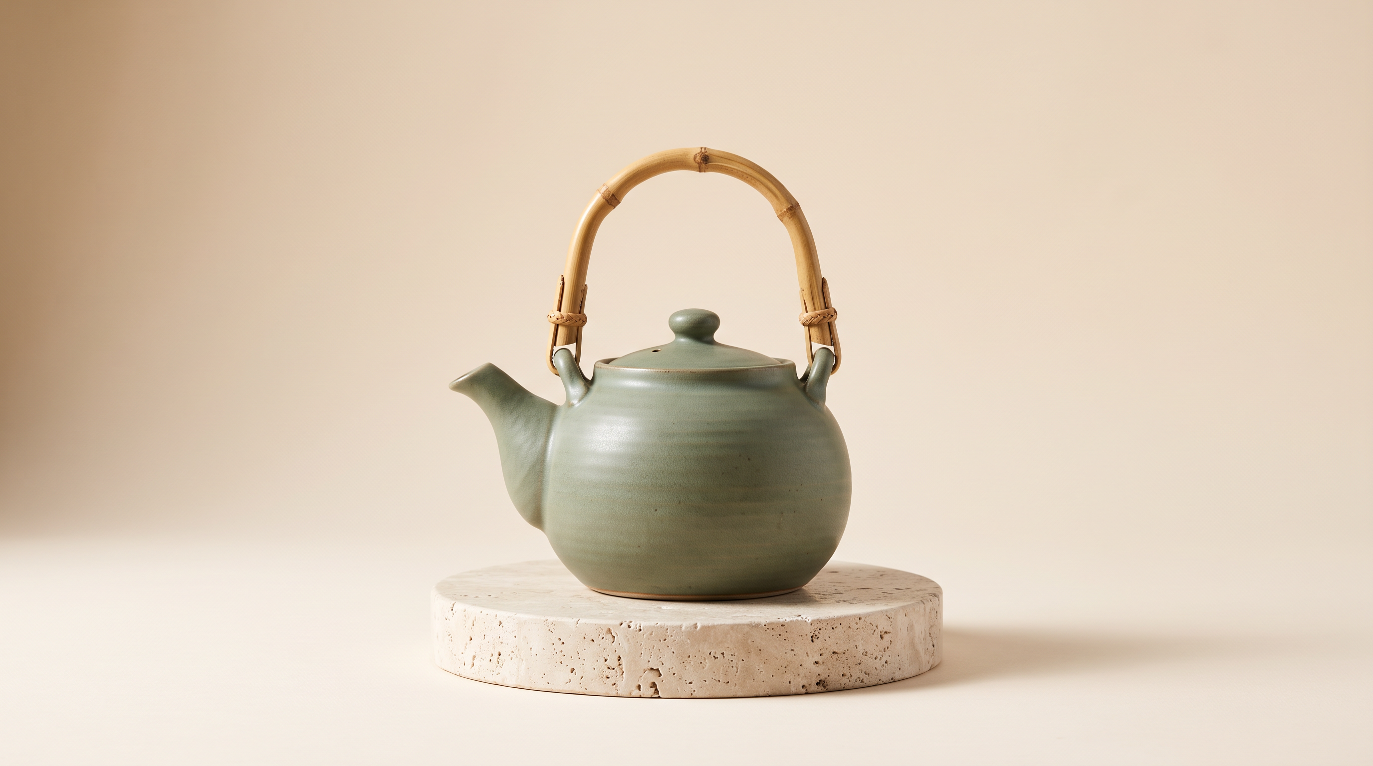 The still: a matte sage green ceramic teapot with a bamboo handle on a travertine pedestal against a beige backdrop