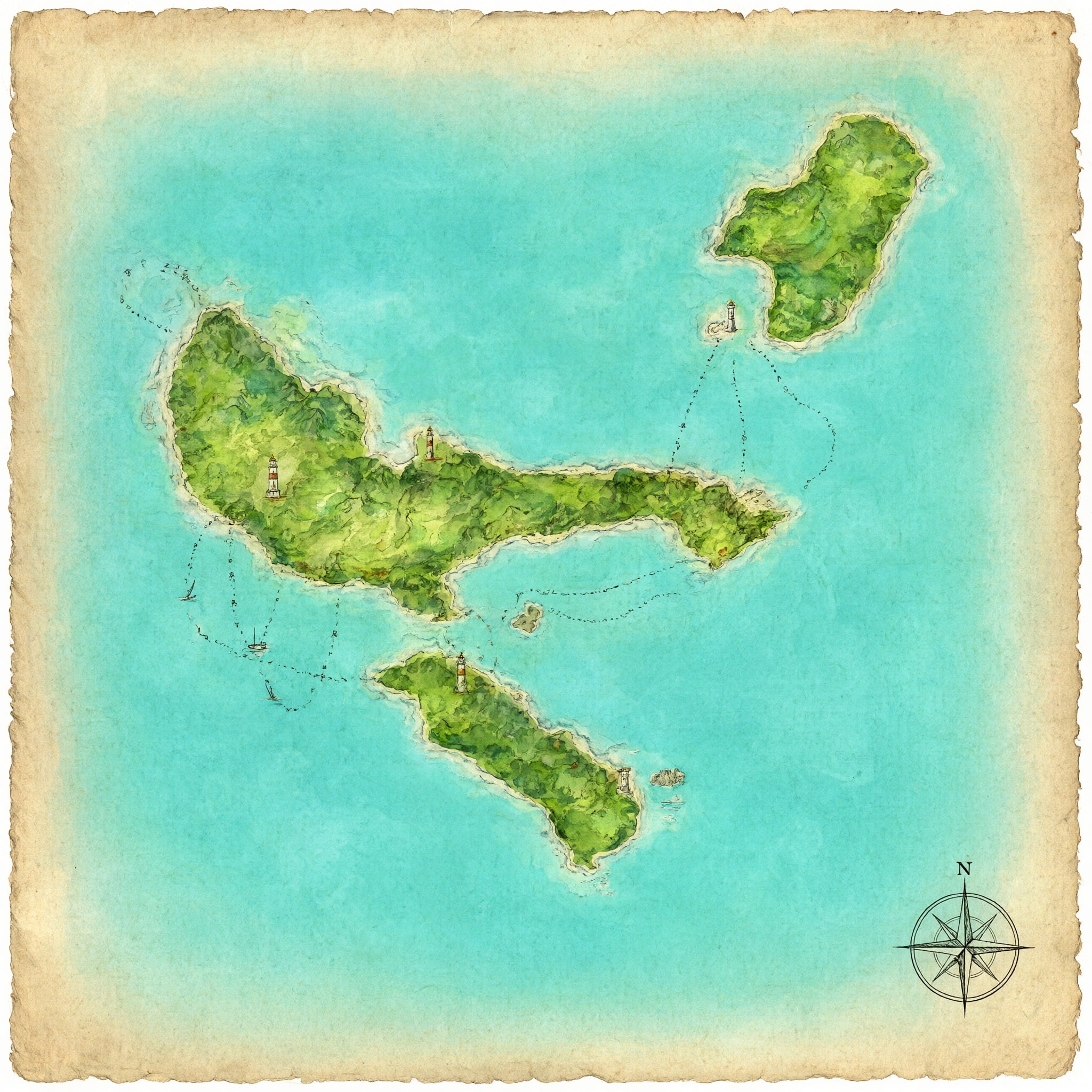 A hand painted watercolor map of an invented island archipelago with dotted sailing routes and a compass rose on aged paper