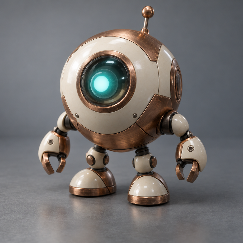 A 3D render of a round toy robot in brushed copper and cream enamel with one glowing teal eye on a grey surface