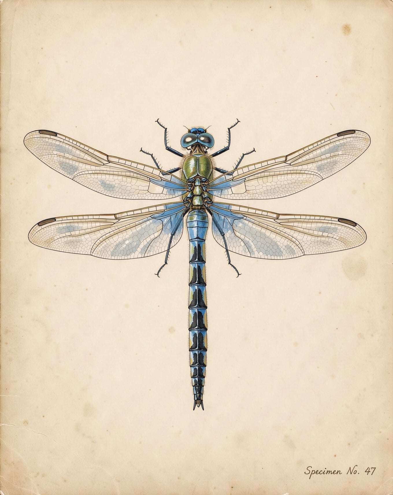 A scientific illustration of a blue dragonfly seen from above with finely inked wings on aged cream paper