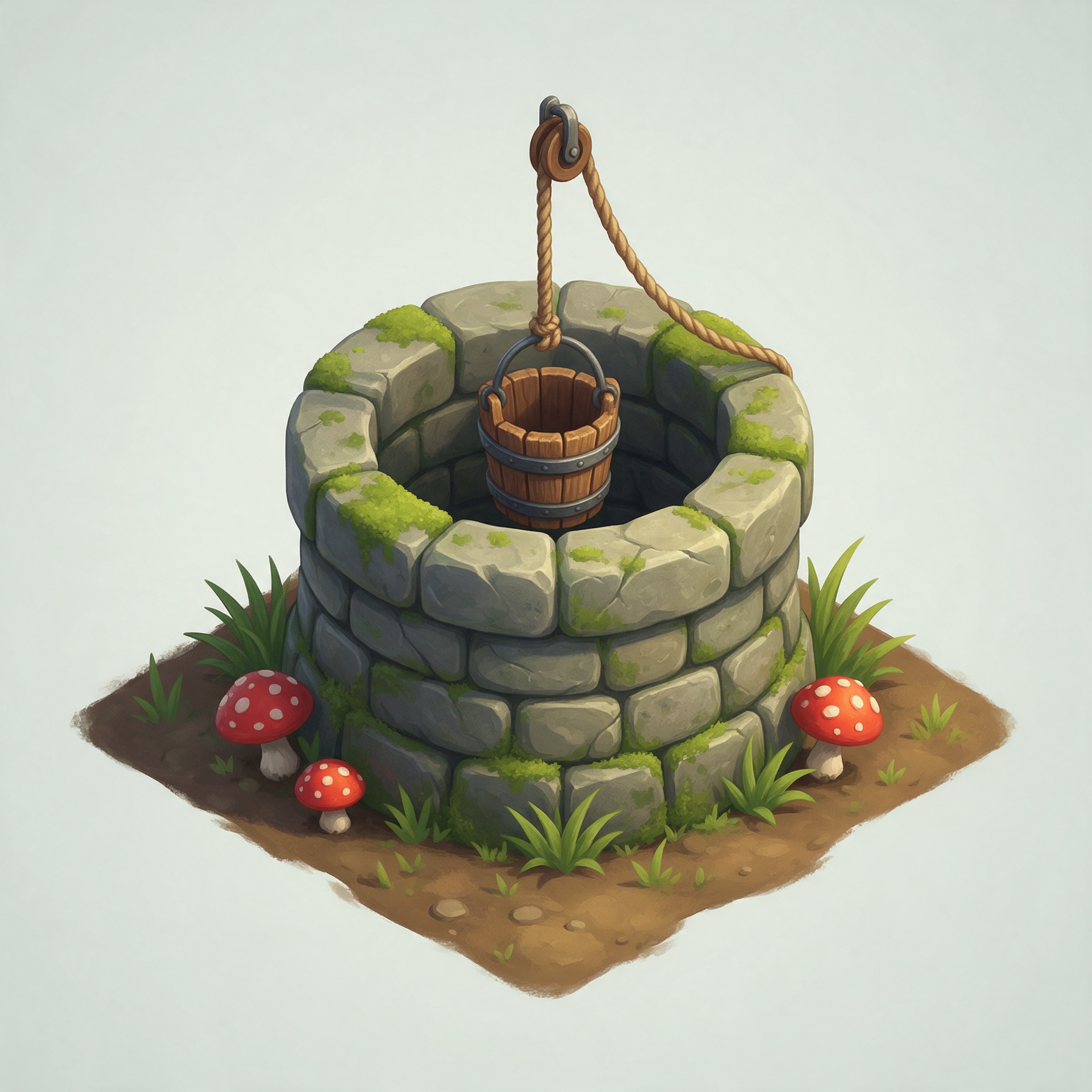 An isometric game tile of a mossy stone well with a wooden bucket on a rope and red spotted mushrooms around it