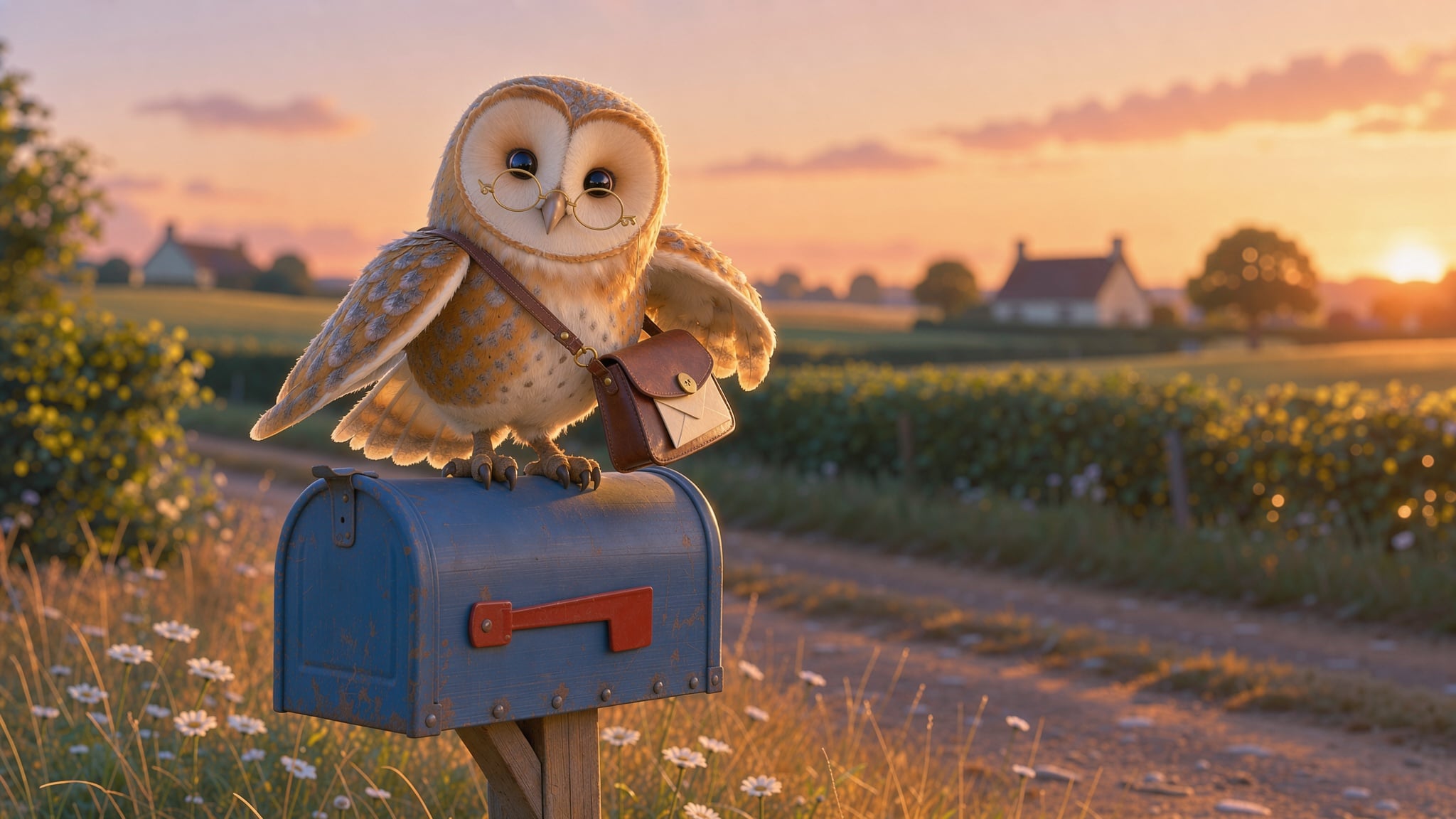 A 3D animated film style barn owl postman with a satchel perched on a blue mailbox at sunset