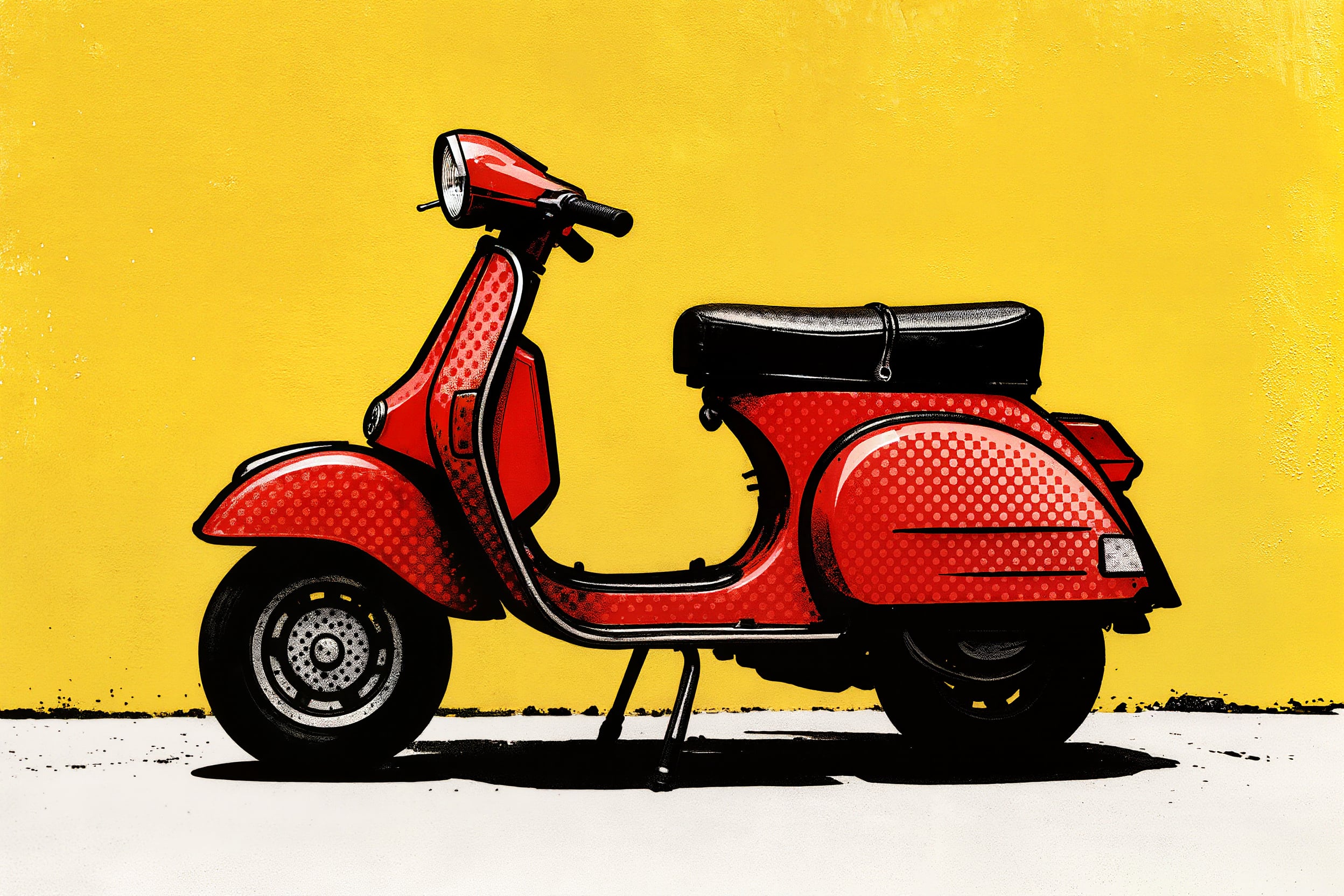 A pop art illustration of a red vintage scooter against a yellow wall with halftone dots and bold black outlines