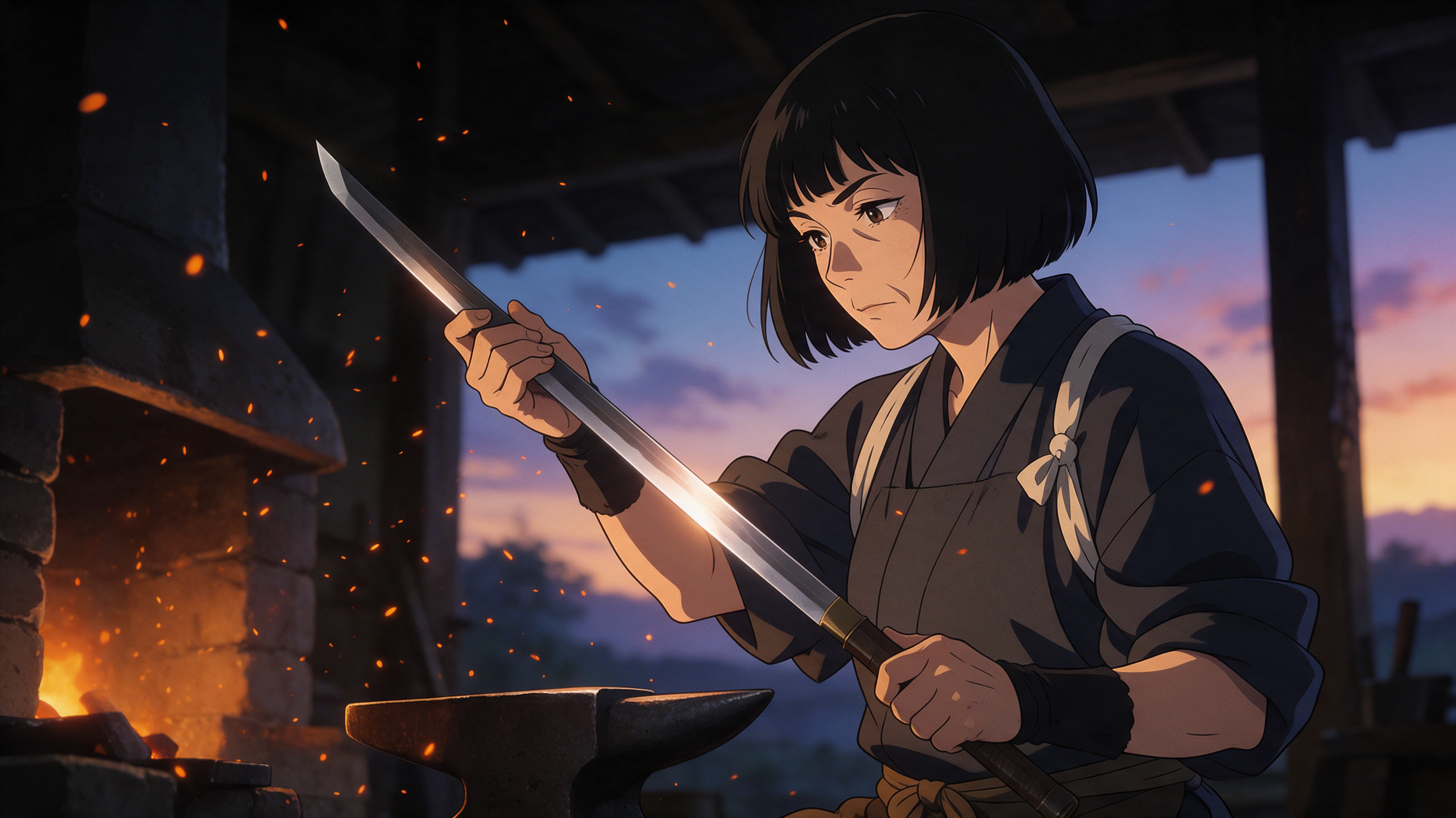 An anime key visual of a swordsmith with a short black bob examining a blade in her forge at dusk, embers in the air