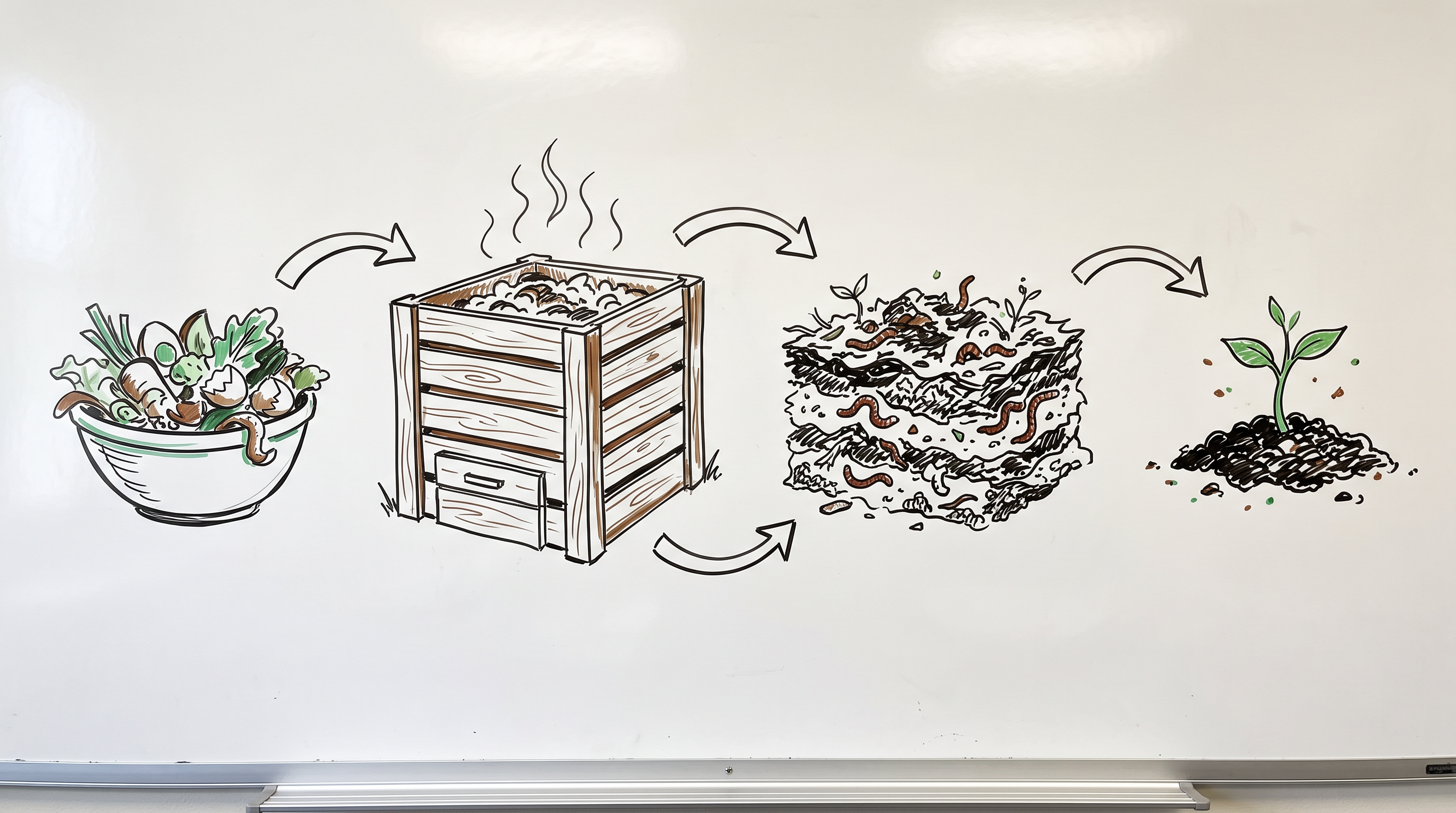 Step 1: a whiteboard sketch of a bowl of scraps, a slatted compost bin, worms in soil and a seedling joined by arrows