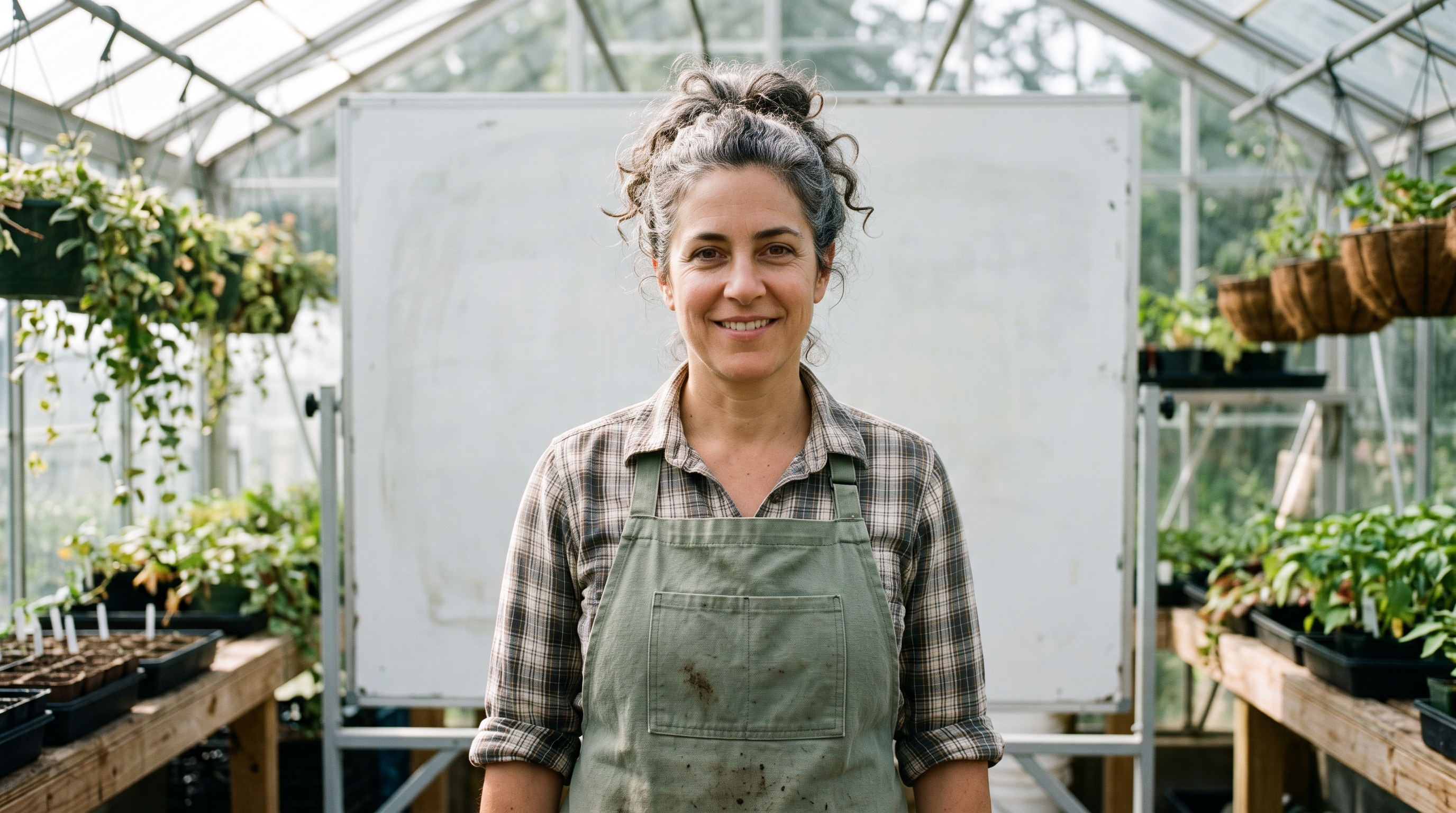 A garden educator in her forties with curly grey hair and a sage green apron smiles in front of a whiteboard in a greenhouse