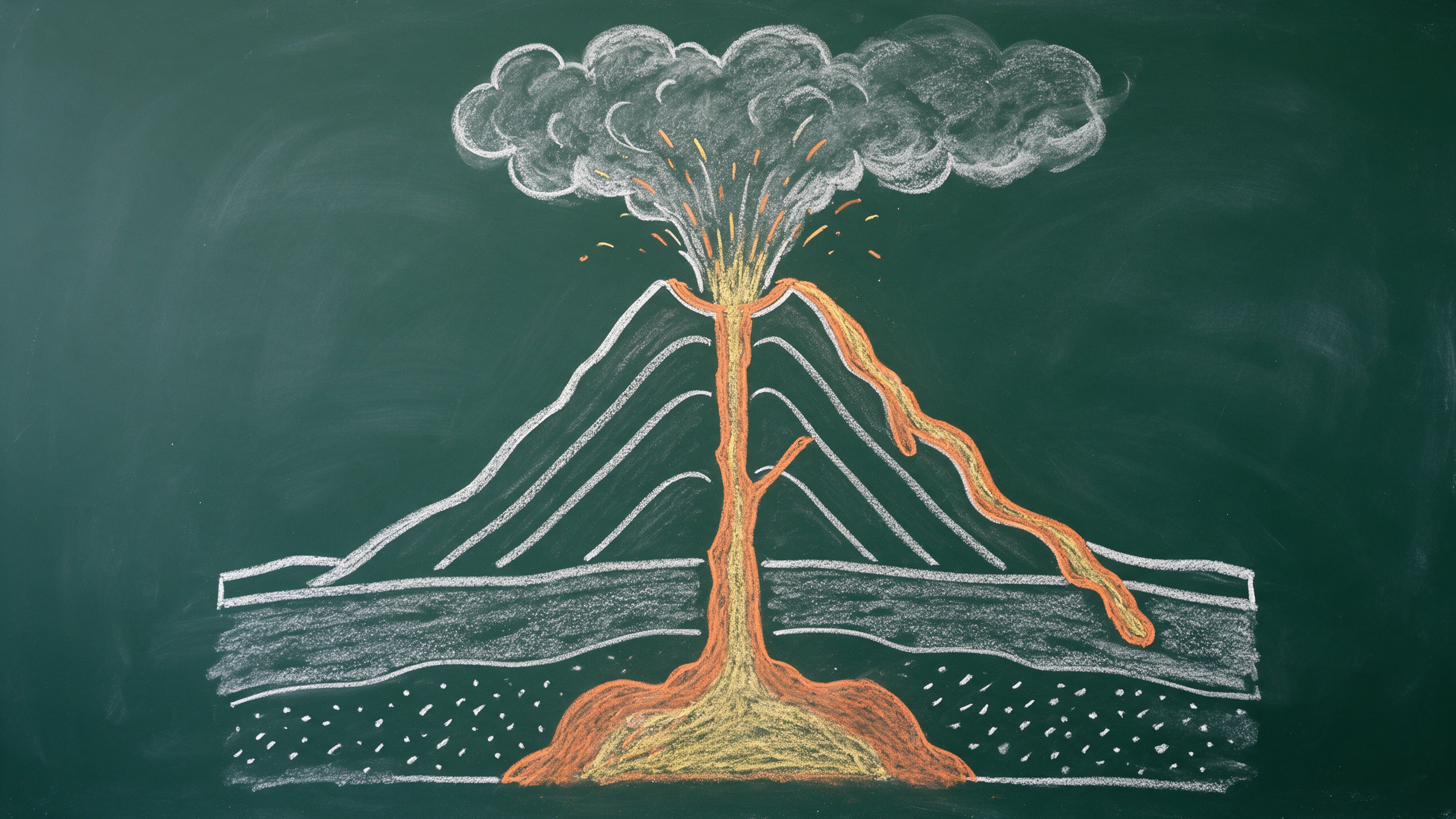A chalk diagram of a volcano cross section with a magma chamber, vent, ash cloud and lava flow on a dark green board