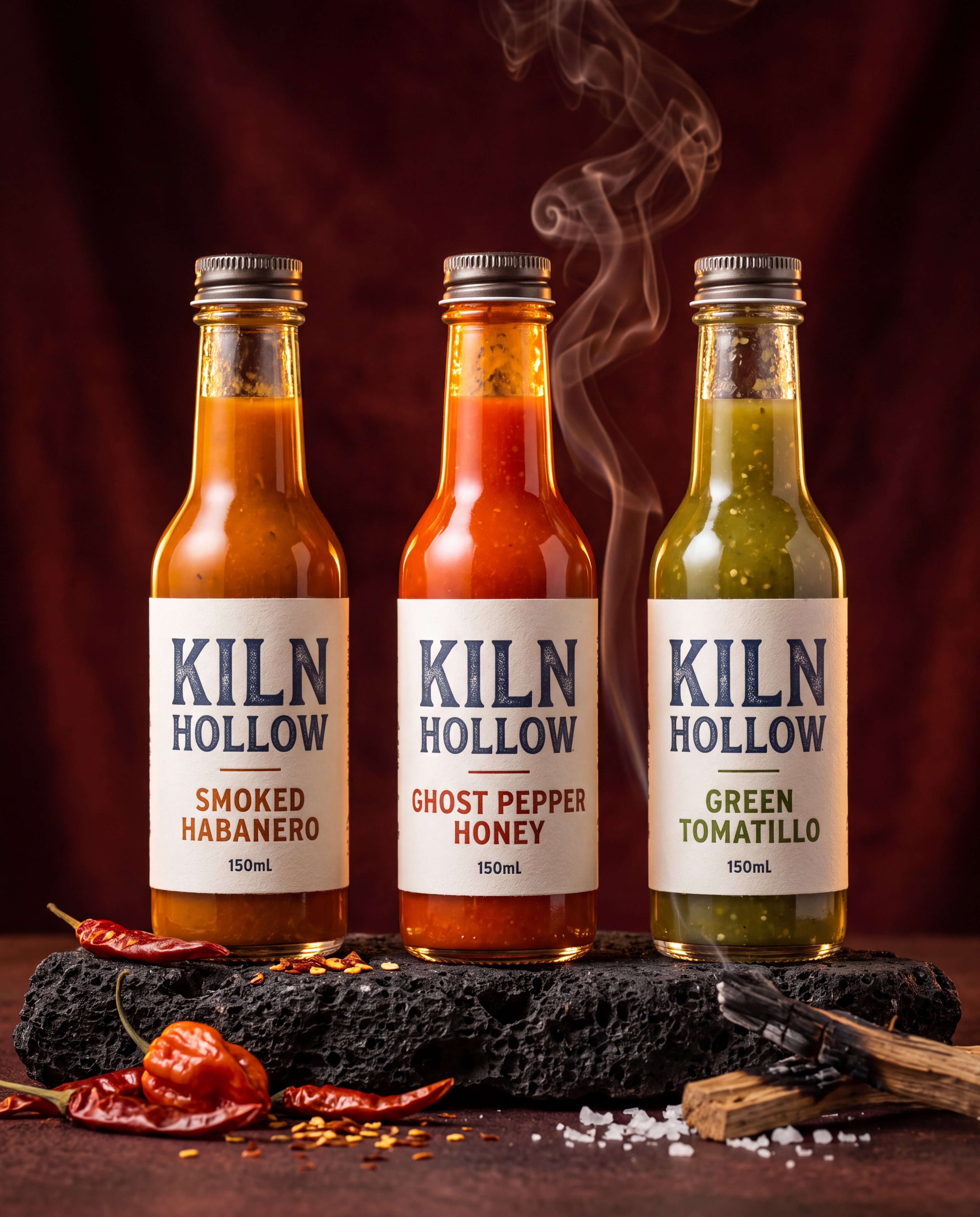 Three capped glass hot sauce bottles with navy KILN HOLLOW lettering, the three flavor names and a 150mL line, on volcanic rock beside a smoldering wood stick, with dried chilies and salt against an oxblood backdrop