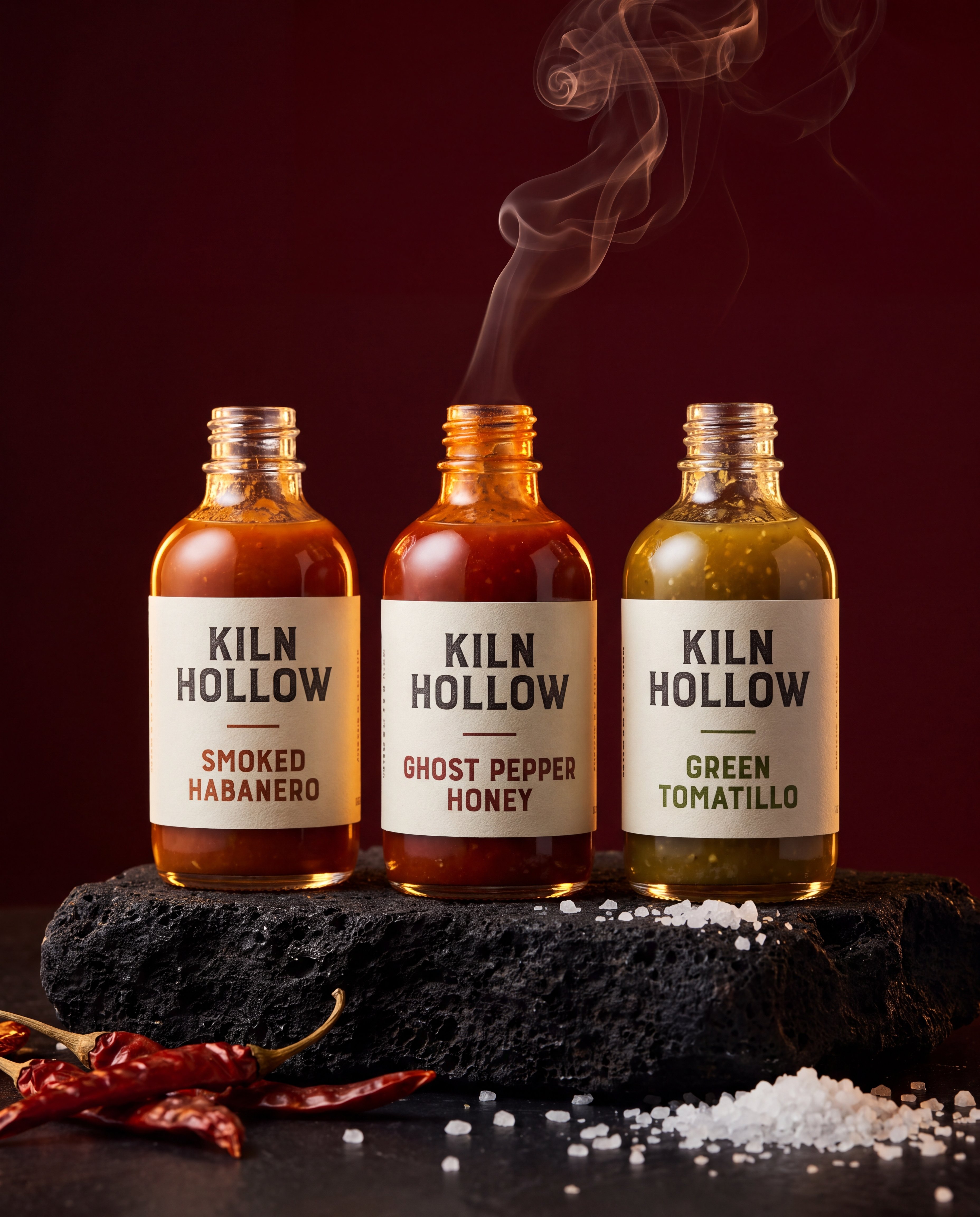 Three glass hot sauce bottles on black volcanic rock with cream labels reading KILN HOLLOW over SMOKED HABANERO, GHOST PEPPER HONEY and GREEN TOMATILLO, a curl of smoke rising above the middle bottle, dried chilies and coarse salt in front of a deep oxblood backdrop