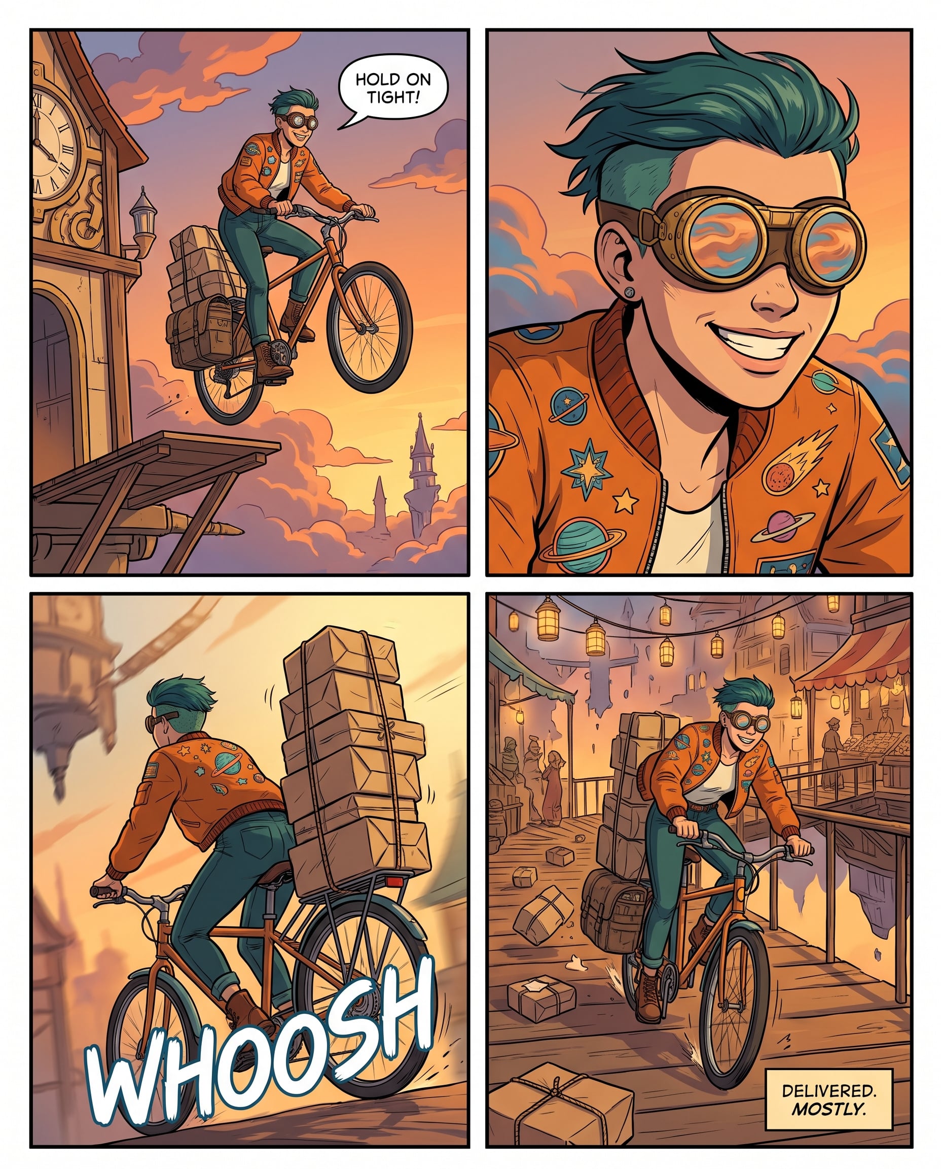 Four panel comic page of a teal haired courier in brass goggles and an orange patched jacket on a cargo bike: launching off a rooftop ramp with a HOLD ON TIGHT! balloon, a grinning close up, riding away under a wobbling parcel tower with WHOOSH lettering, and landing on a lantern lit market bridge with a DELIVERED. MOSTLY. caption while parcels tumble behind her