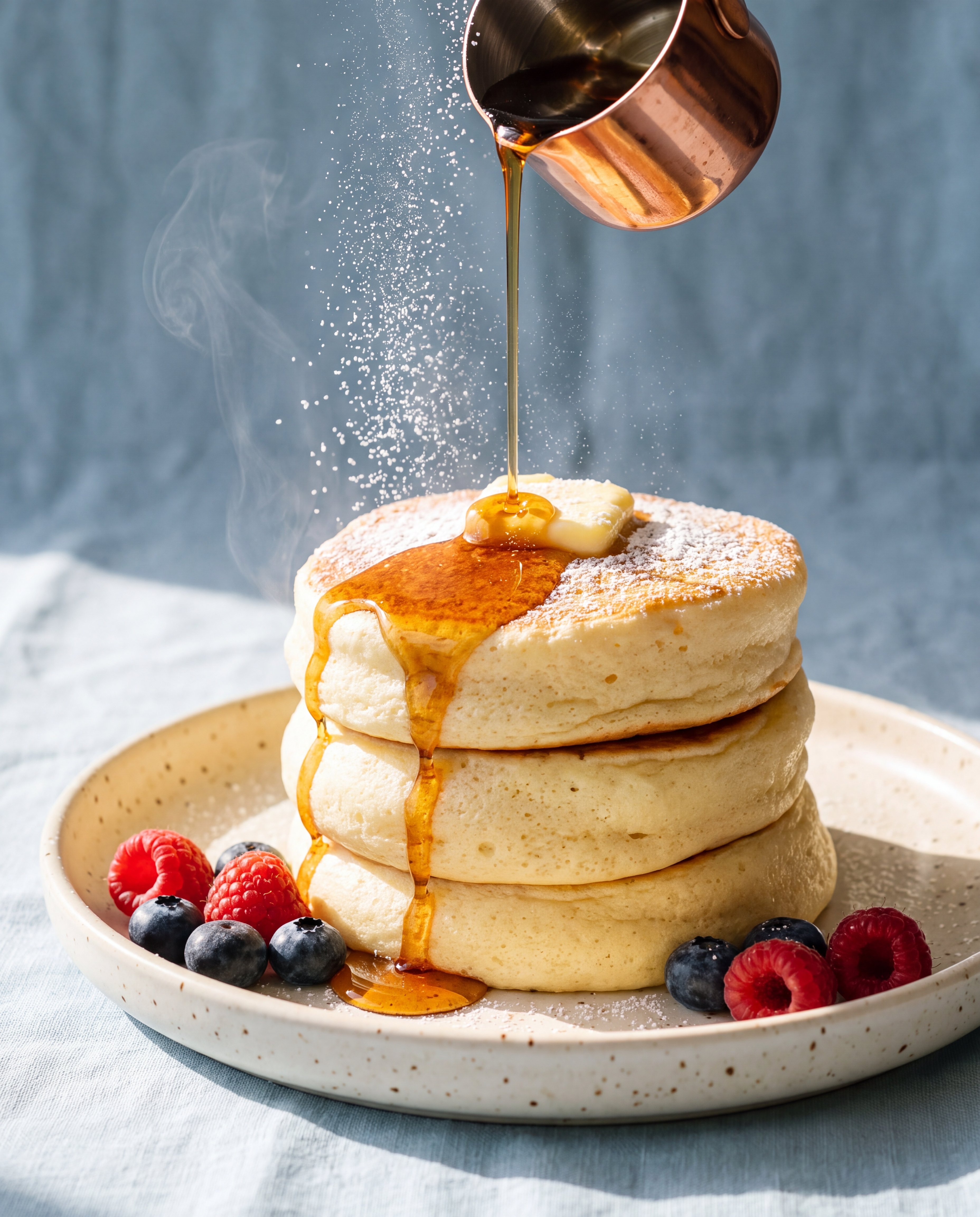 Three tall souffle pancakes on a speckled cream plate, maple syrup pouring from a copper jug and running down the stack, a pat of butter on top, powdered sugar falling through a beam of window light, raspberries and blueberries on the plate, pale blue linen behind