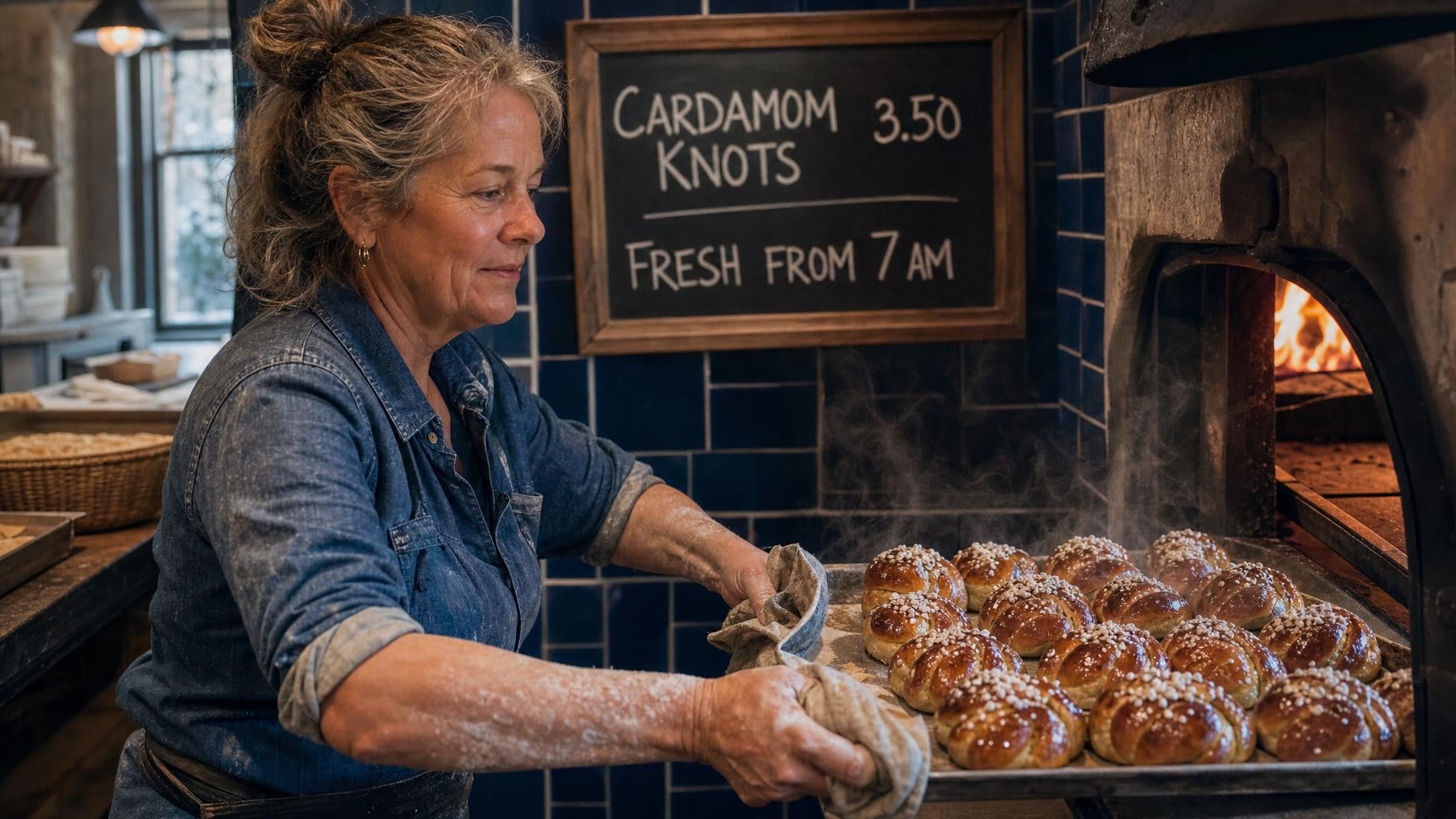 GPT Image 2 bakery photo: a baker in a flour dusted denim shirt lifts a tray of pearl sugar cardamom knots from a wood fired oven with a towel, blue tiles and a chalkboard reading CARDAMOM 3.50, KNOTS and FRESH FROM 7 AM behind her