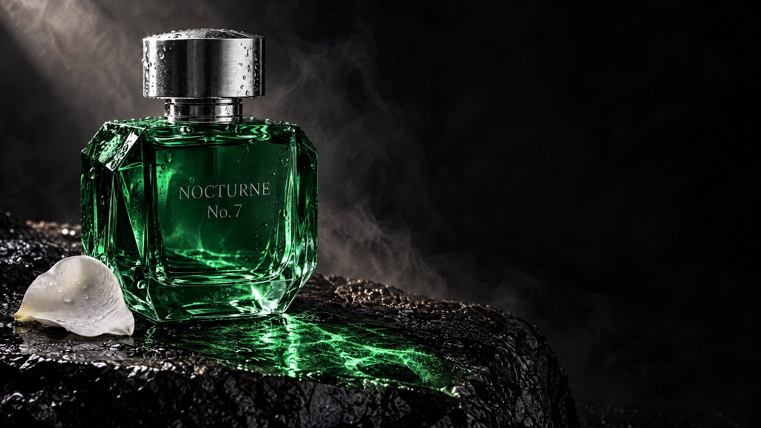 The same perfume shot edited to emerald green glass and a polished silver cap, the caustic light on the basalt now green, with the petal, water droplets, smoke and framing unchanged