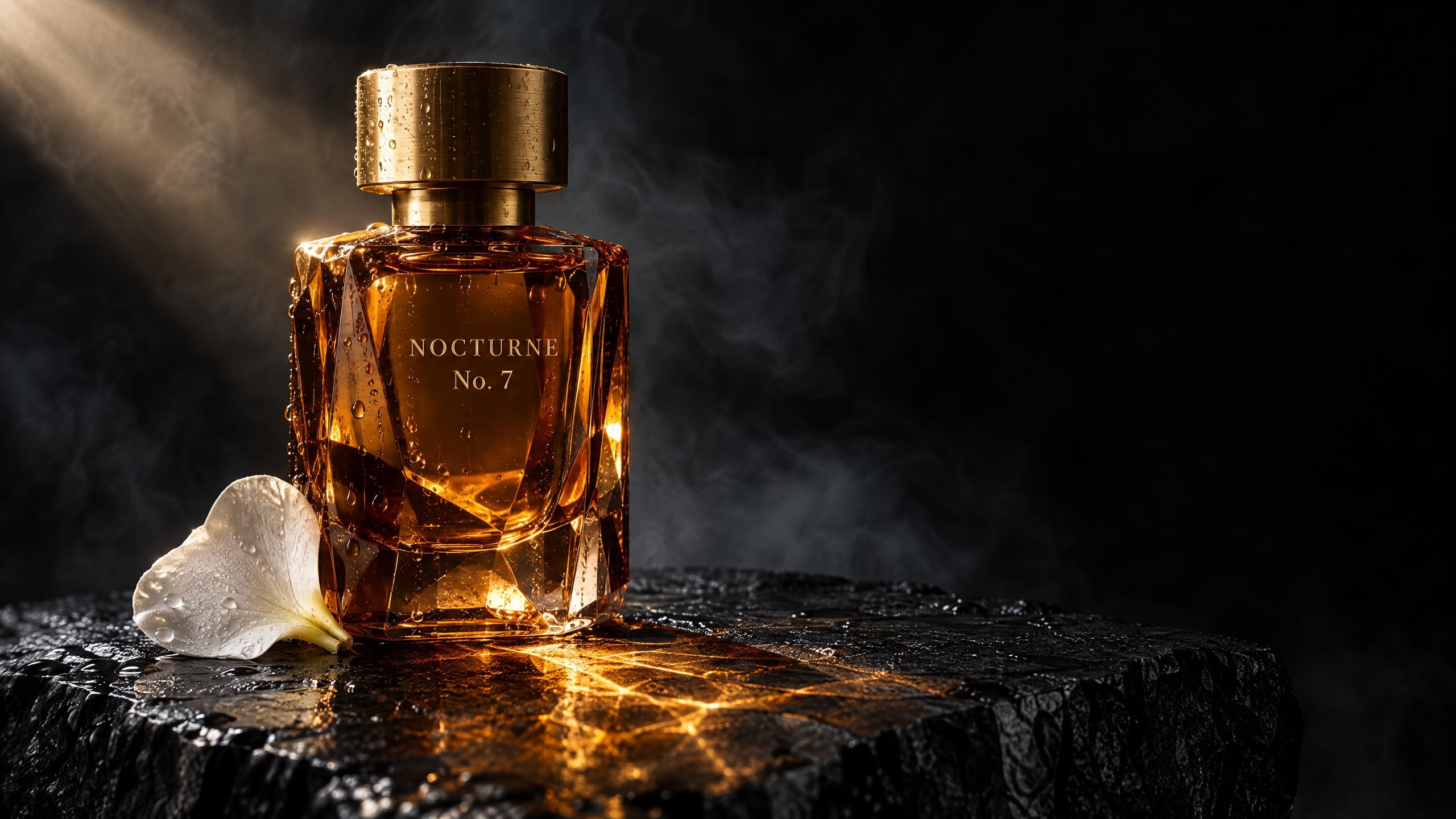 Flare version of the perfume prompt: the amber bottle left of center on a basalt block with the engraving NOCTURNE No. 7, a white petal at its base and a shaft of light from the upper left