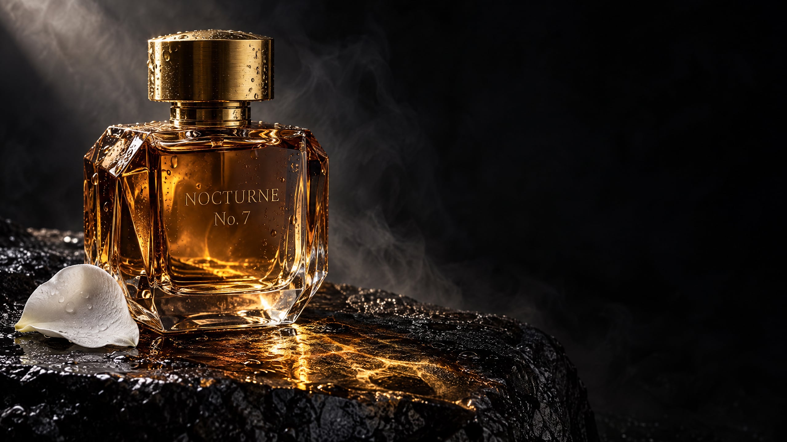 Faceted amber glass perfume bottle engraved NOCTURNE No. 7 with a brushed brass cap on wet black basalt, water droplets on the glass, a white orchid petal at its base and amber caustic light across the stone, smoke drifting on a black background