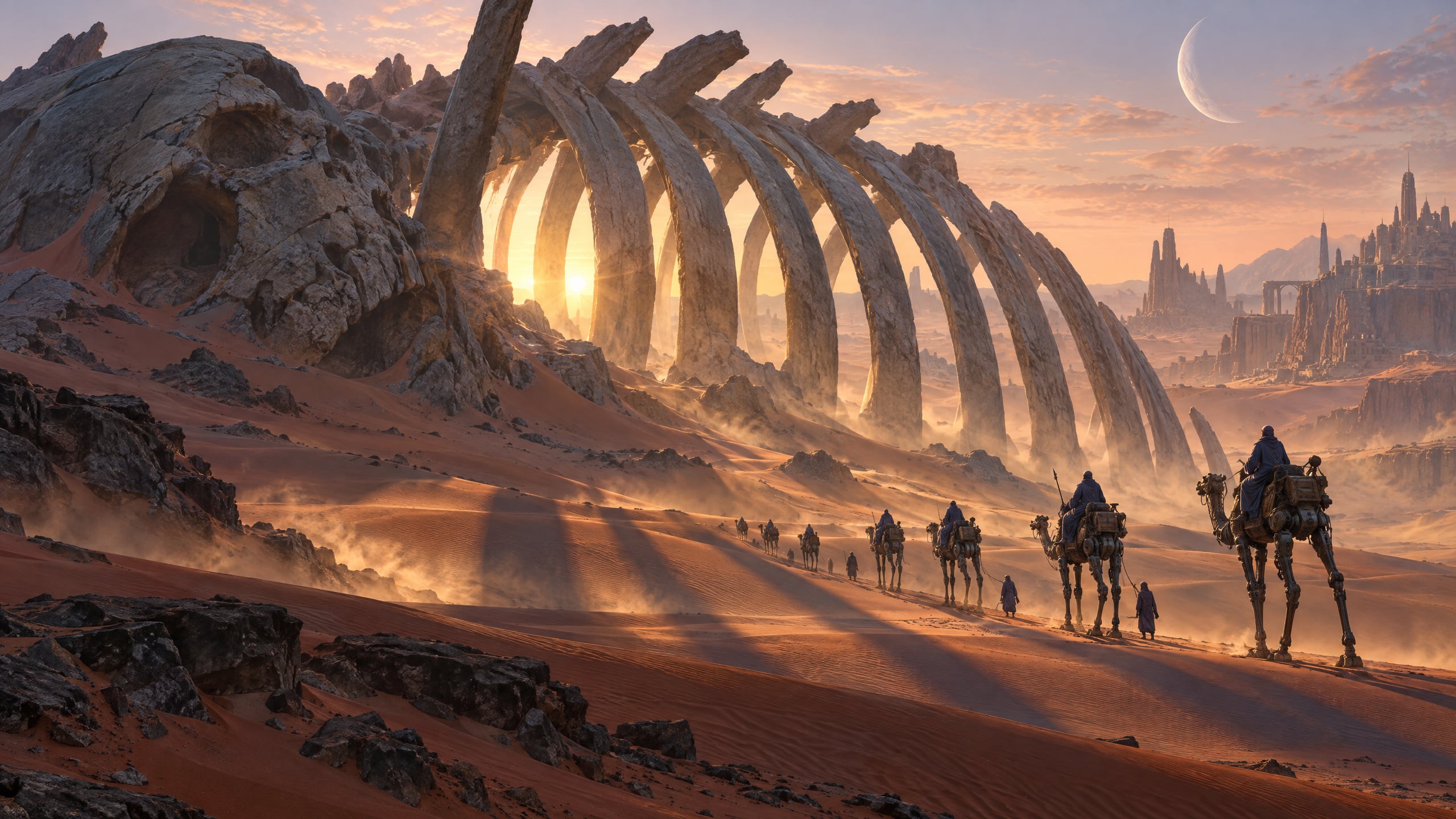 Sunburst version of the titan prompt: a curved line of stone ribs in the dunes, a spired desert city on the right horizon and a column of mechanical camels walking toward the camera