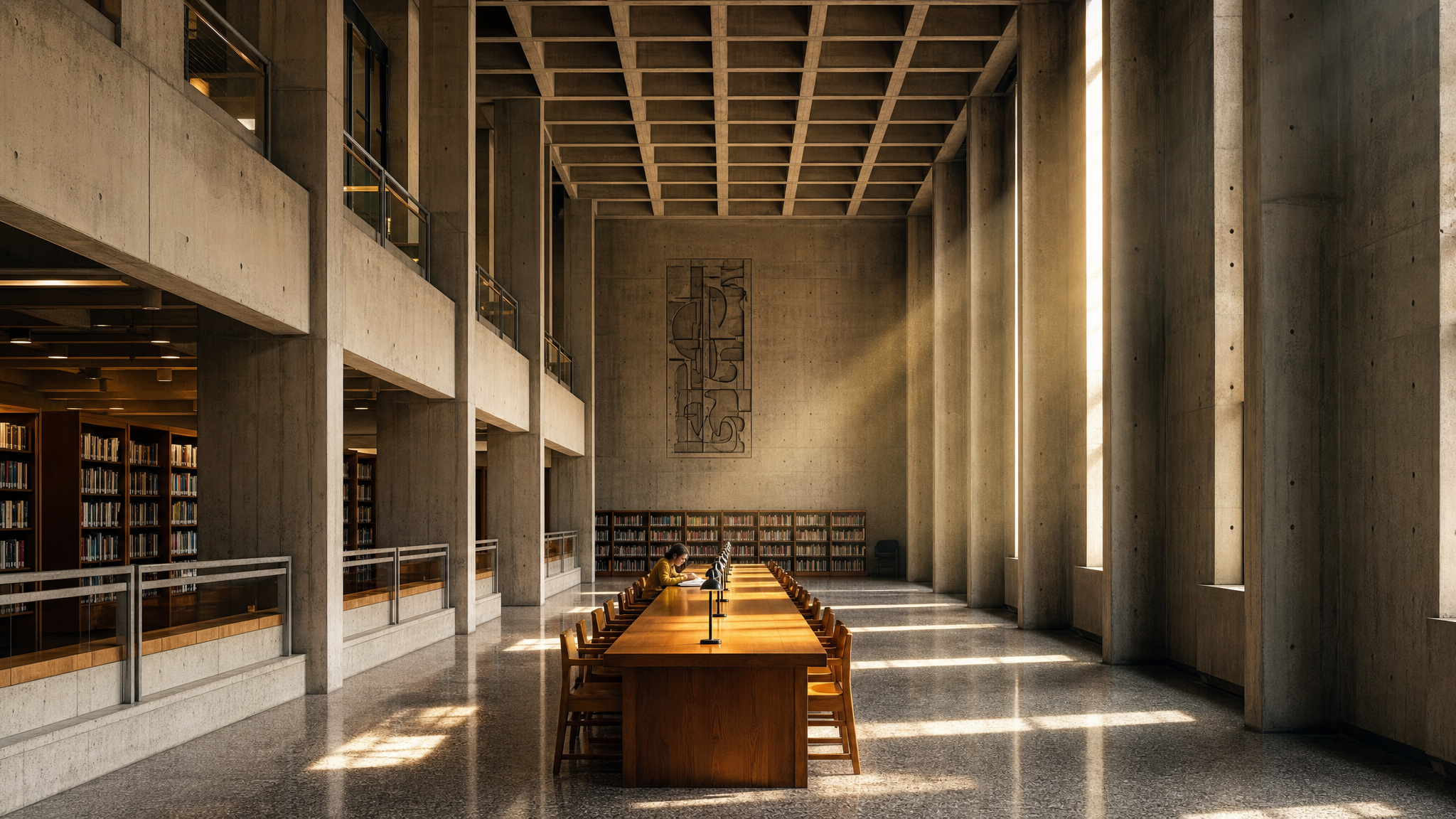 A brutalist concrete library reading hall with a deep coffered ceiling, balconies lined with bookshelves, a tall relief artwork on the far wall, a long oak table with one reader in a mustard sweater, and warm bands of sunlight from tall slot windows across a polished terrazzo floor