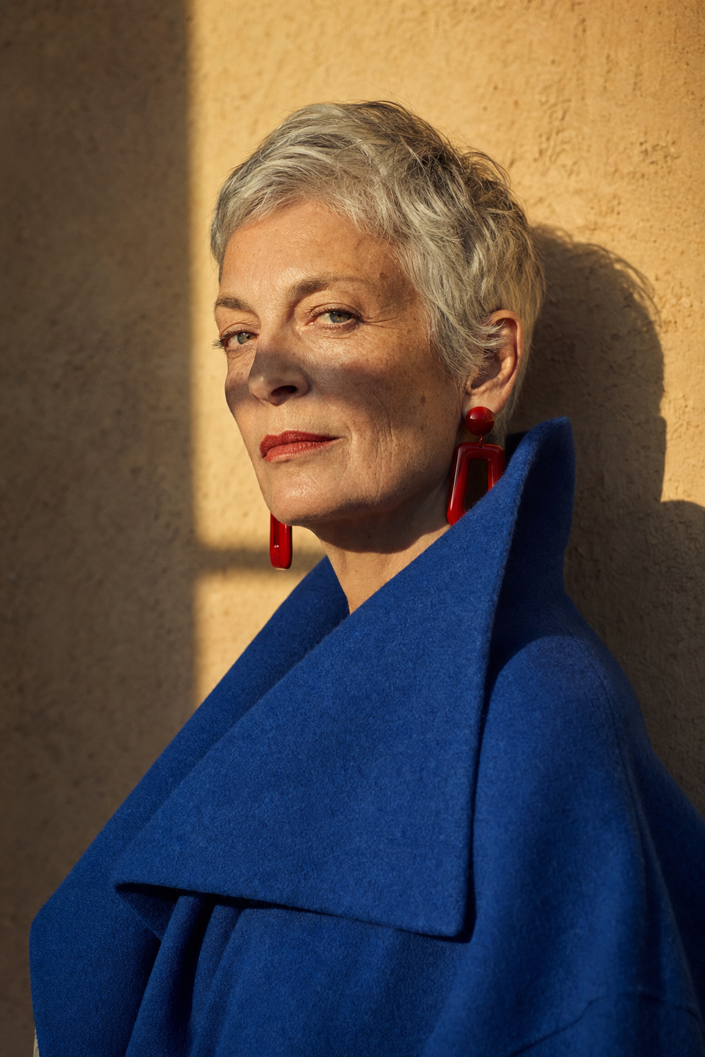 Editorial portrait of a silver haired woman in her sixties wearing red lacquer earrings and a sculptural cobalt wool coat, a hard window frame shadow falling across her face and an ochre plaster wall