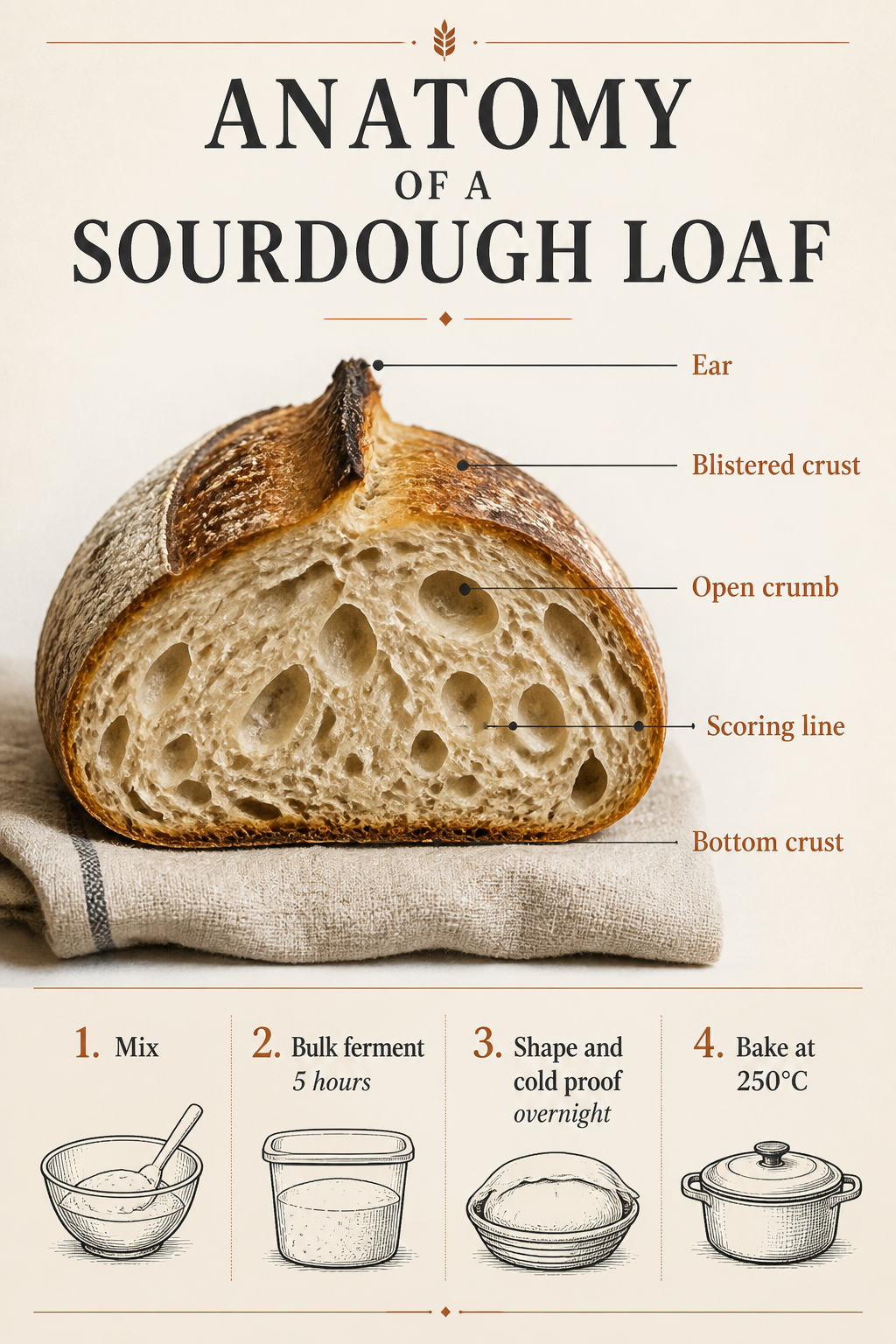 The sourdough infographic at Low quality: a halved loaf on a linen cloth with five labeled parts, the title ANATOMY OF A SOURDOUGH LOAF and four numbered baking steps with line drawn icons
