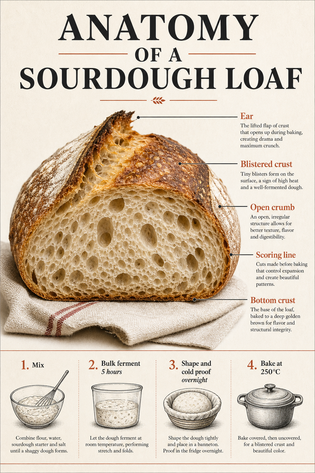 The sourdough infographic at Medium quality, with a short explanatory paragraph under each of the five part labels and each of the four numbered steps