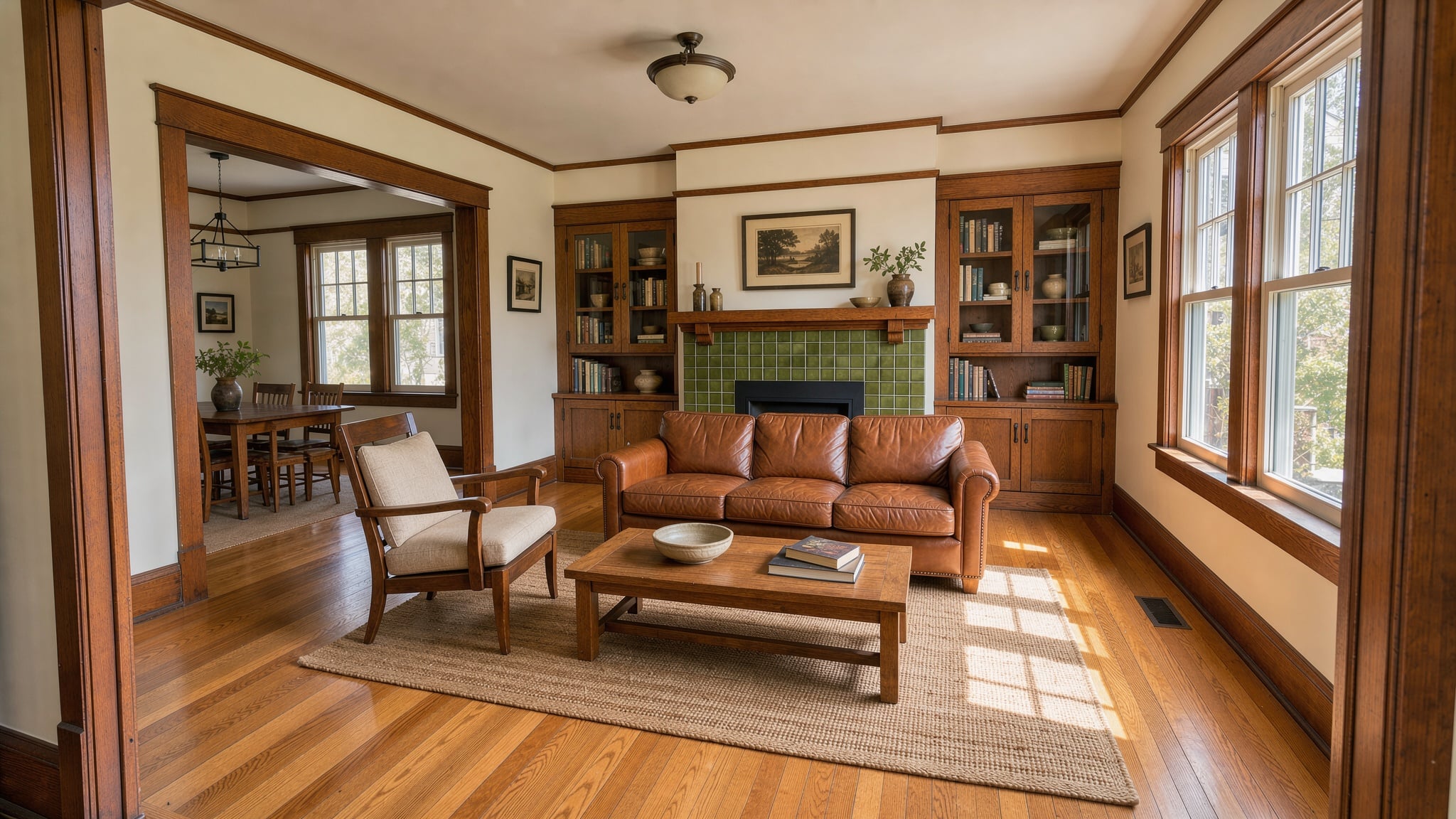 A bright craftsman living room with oak bookcases, a green tiled fireplace, a caramel leather sofa and tall sunny windows
