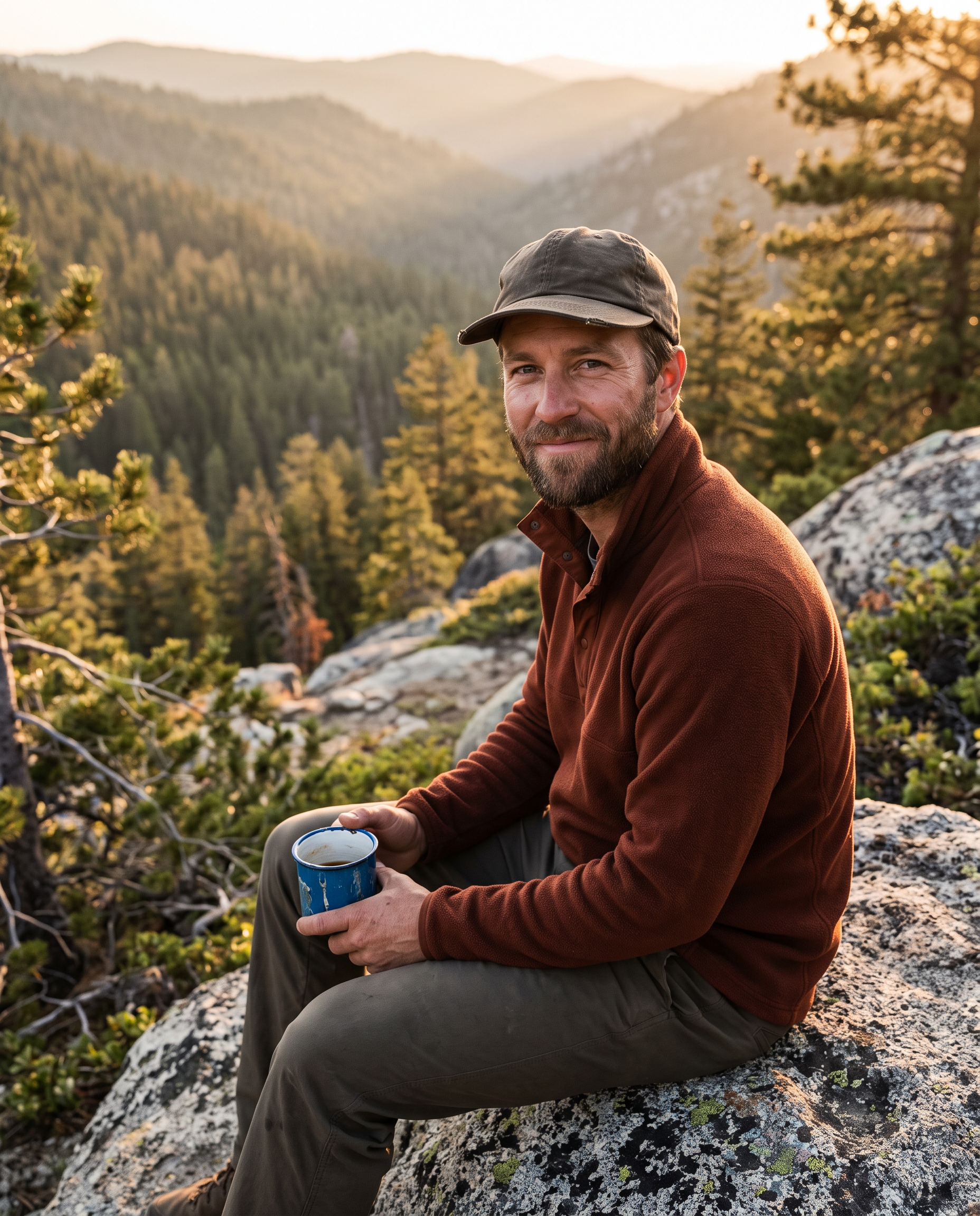 An outdoor creator in his thirties in a rust fleece and canvas cap sits on a granite boulder above a pine valley holding a blue camp cup