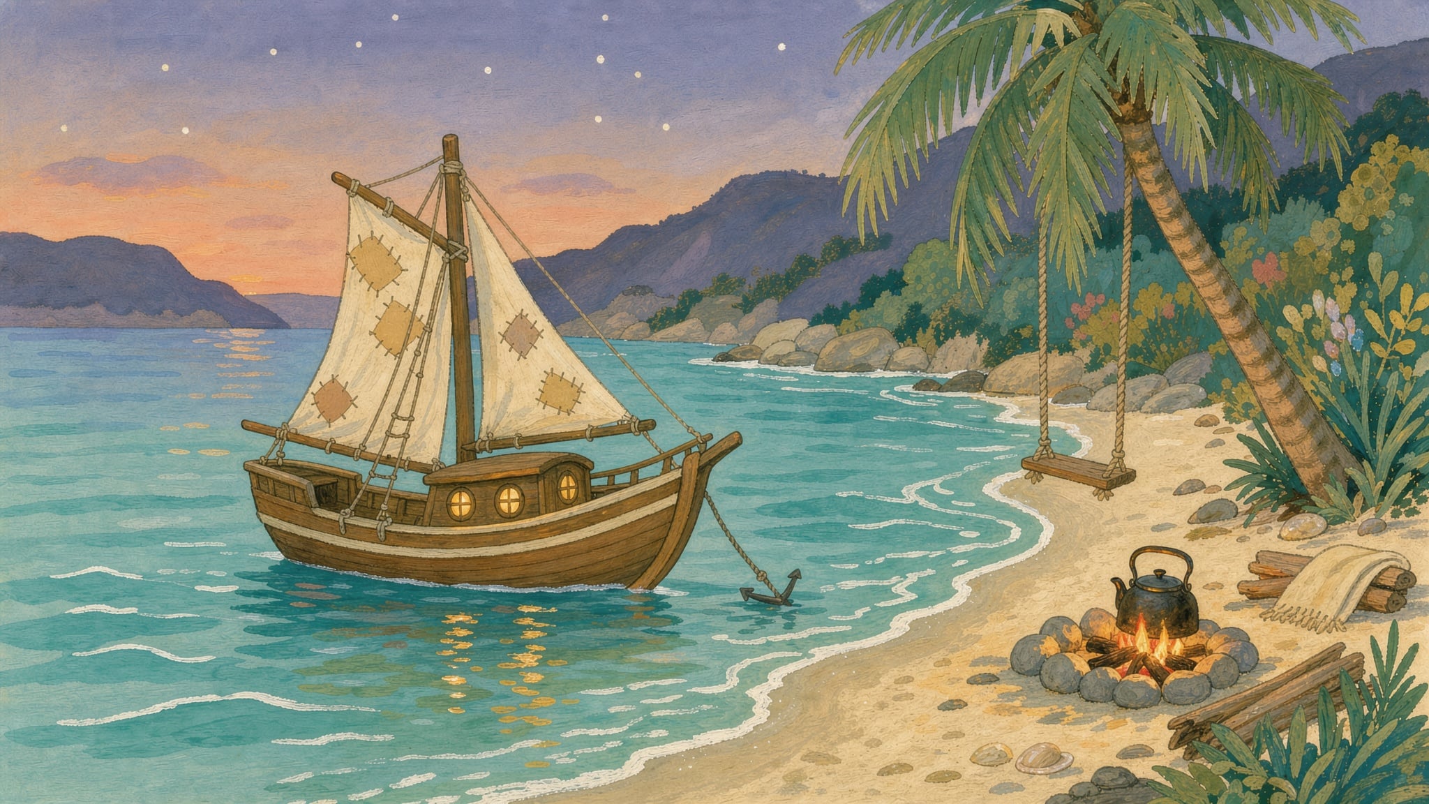 The source: a gouache painting of a patched sail ship anchored in a turquoise cove with a rope swing, palm tree and campfire at dusk