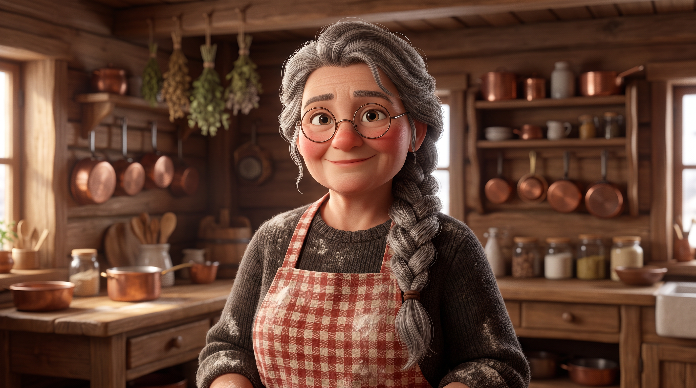 A 3D animated portrait of a cheerful hut cook with rosy cheeks, round glasses and a red checked apron in a wooden kitchen
