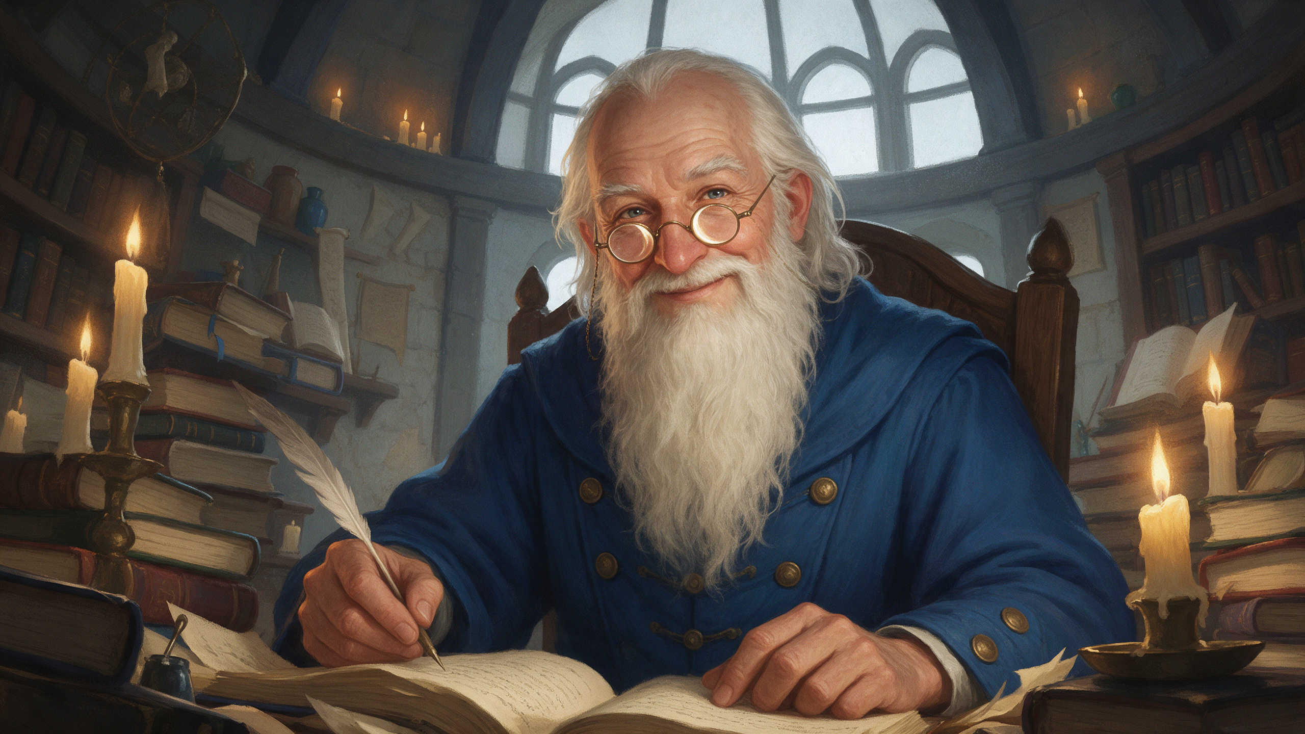 An elderly wizard tutor with a long white beard in a blue robe sits at a desk of books and candles in a tower study