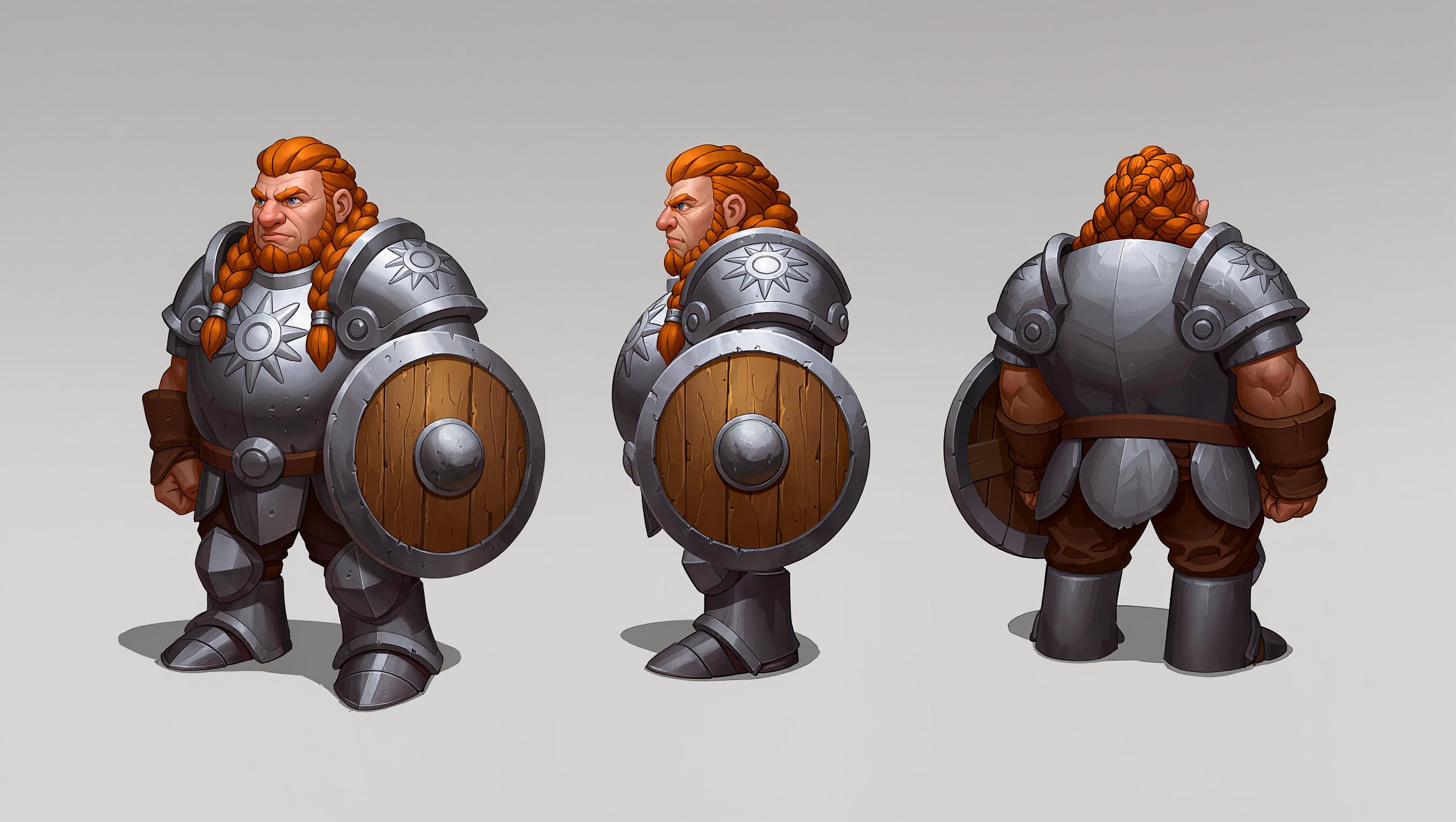 A game design sheet of a stout dwarven paladin with copper braids, plate armor and a round oak shield in front, side and back views
