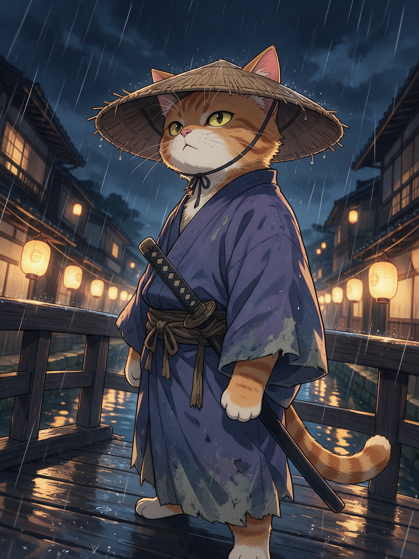 An orange tabby cat in an indigo kimono and straw hat stands on a rainy wooden bridge lit by paper lanterns