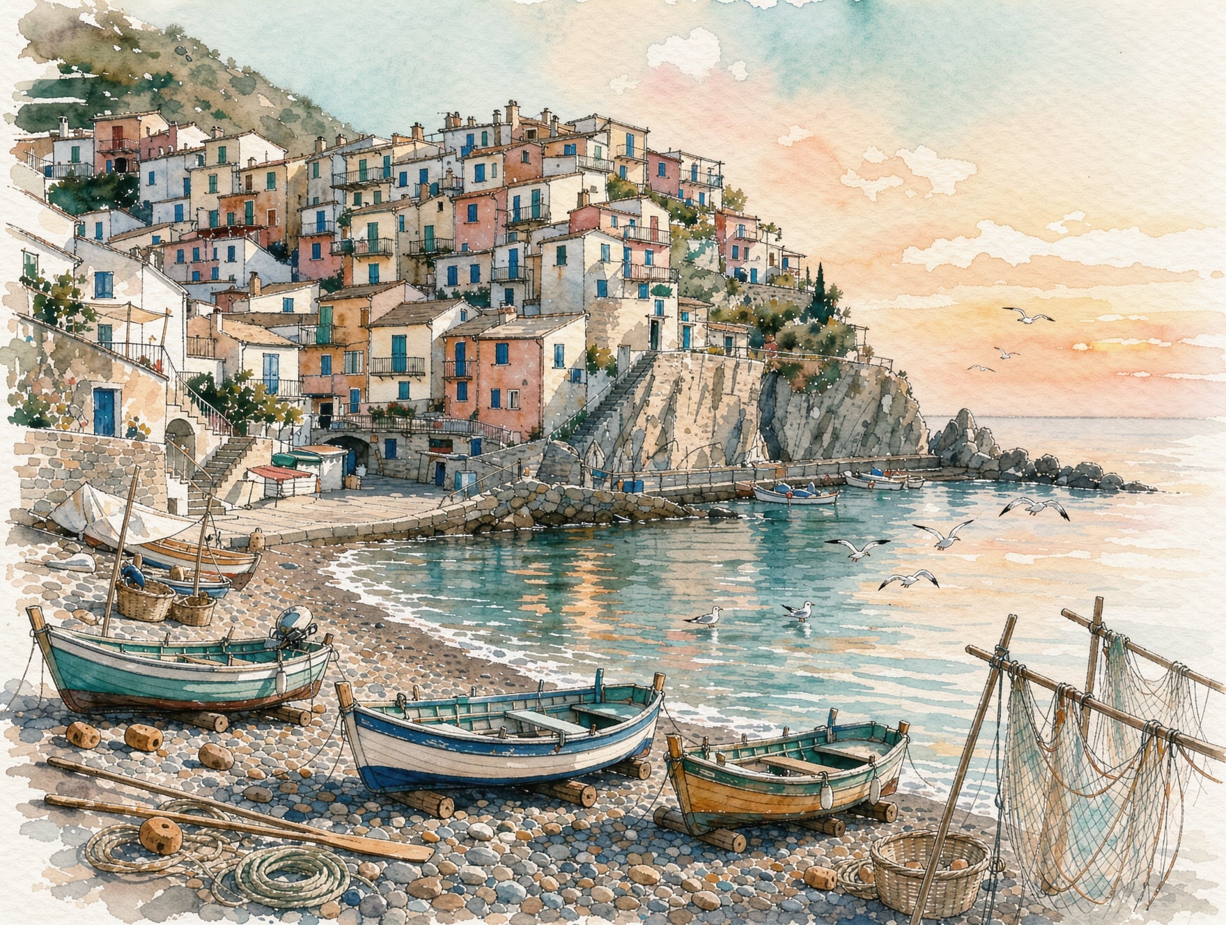 FLUX 3 Image: a colorful hillside village in pastel washes over a pebble beach with boats and nets