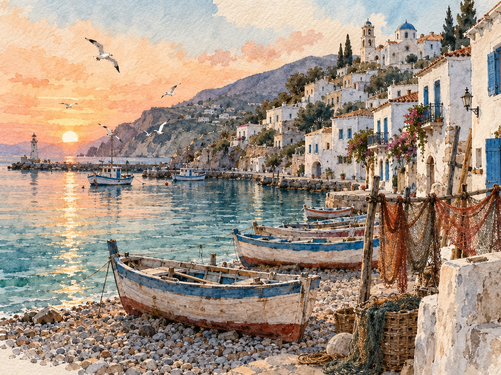 GPT Image 2.5: a sunrise harbor with a rowing boat close in the foreground and nets on poles