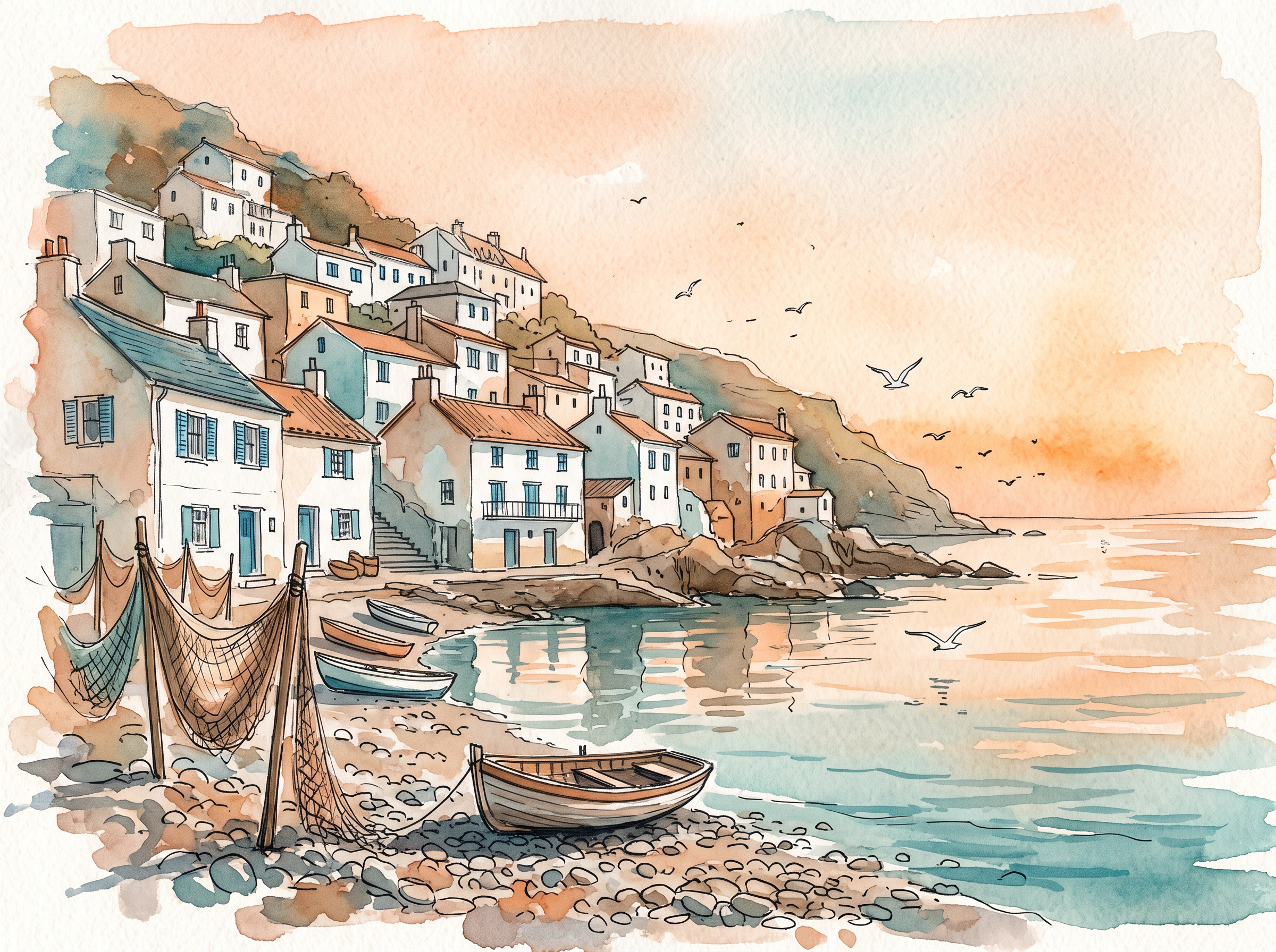 Nano Banana 2.1: a soft peach and teal watercolor of white houses above a small cove