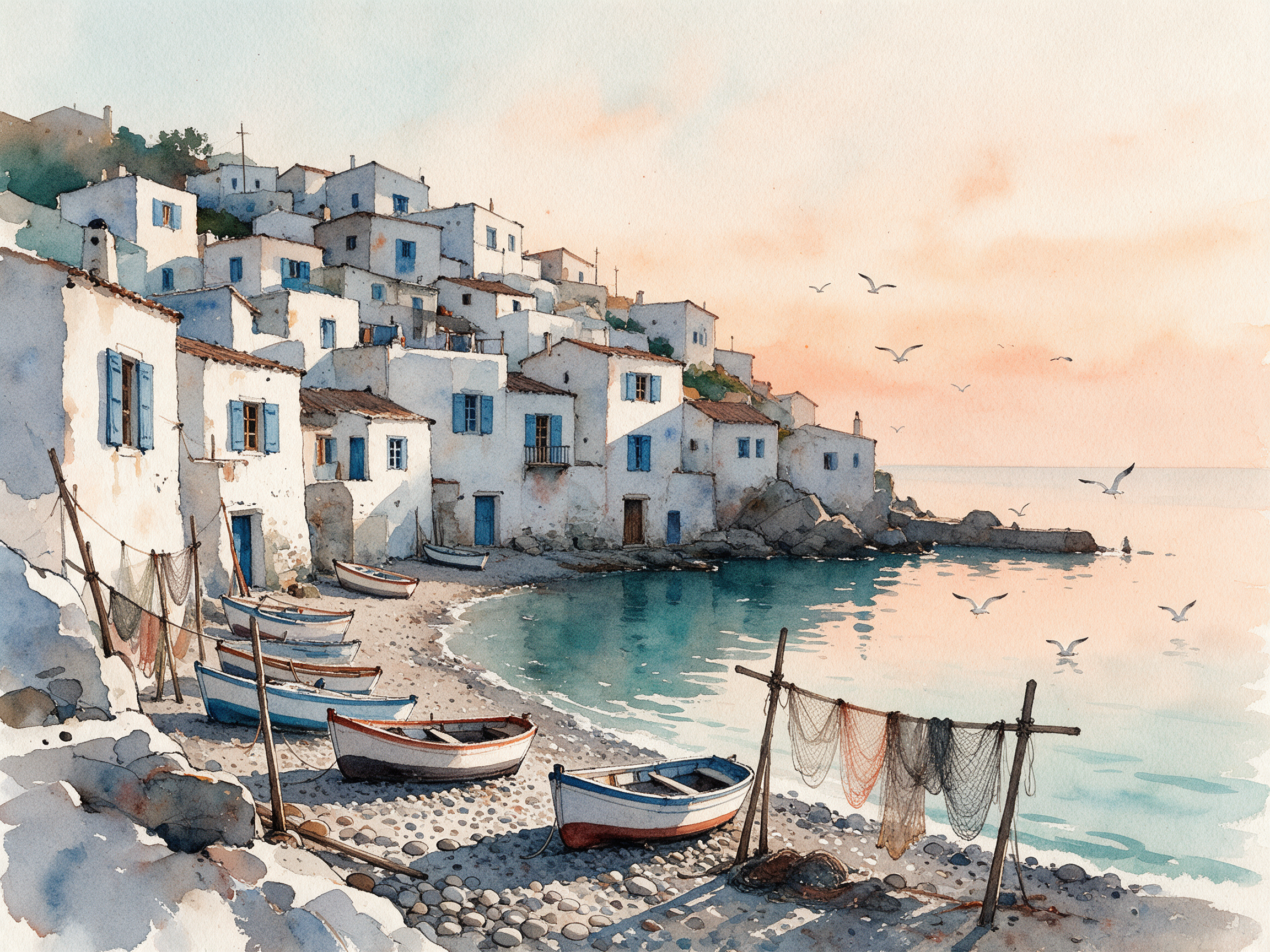 A watercolor of a hillside fishing village at sunrise with white houses, blue shutters, boats on a pebble beach and nets drying on poles