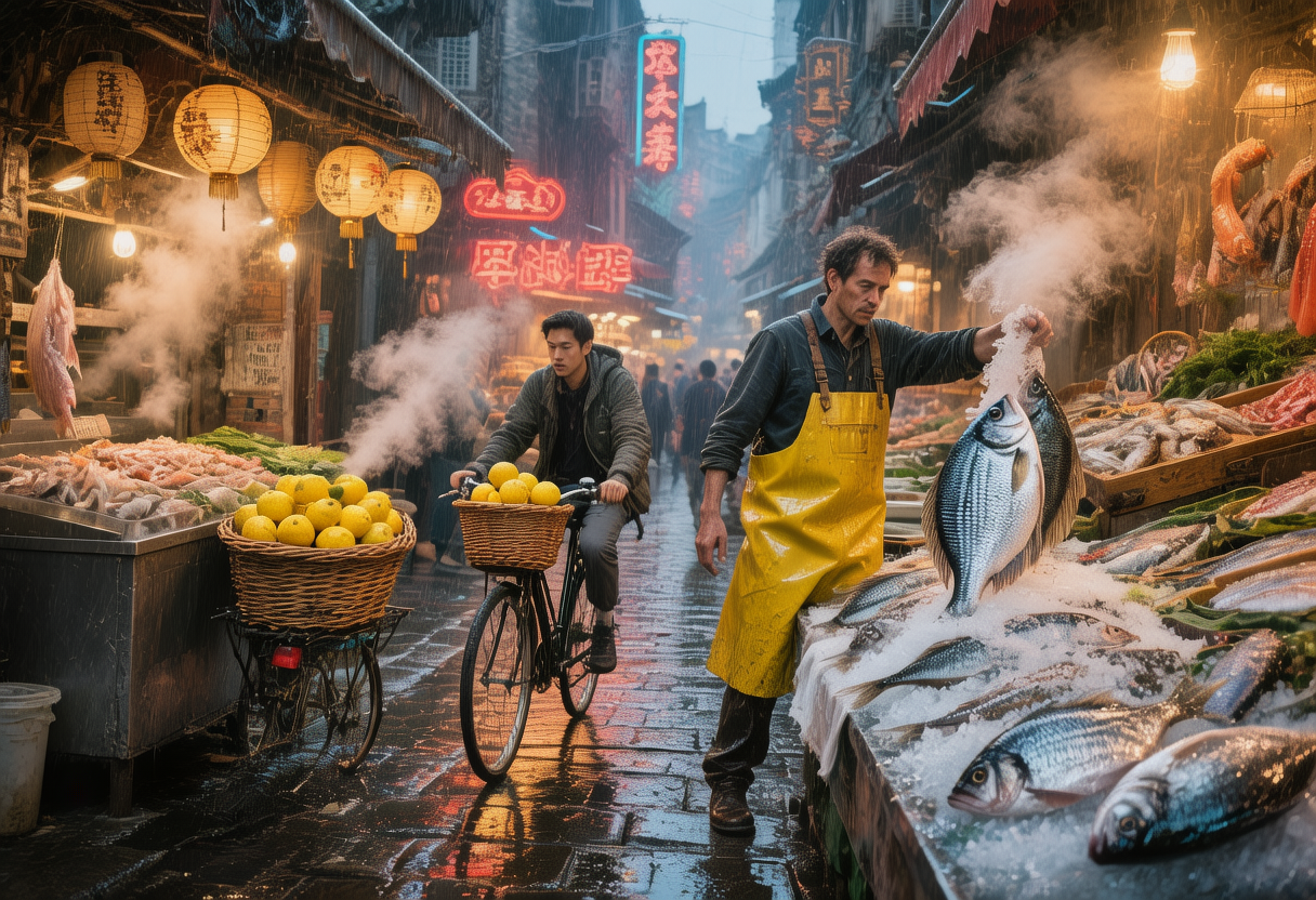 Rainy blue hour alley market with a fishmonger in a yellow apron holding up a sea bream beside a cyclist carrying a basket of lemons, paper lanterns and red neon signs overhead