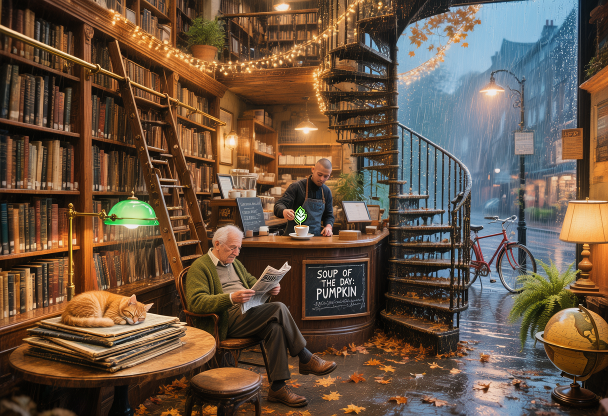 Hunyuan Image 3 bookshop cafe: a ginger cat asleep on atlases, an elderly man in a green cardigan reading a newspaper under a green glass lamp, a barista pouring latte art, a chalkboard reading SOUP OF THE DAY: PUMPKIN, a spiral staircase strung with fairy lights, a globe, a fern and a red bicycle by the rainy window