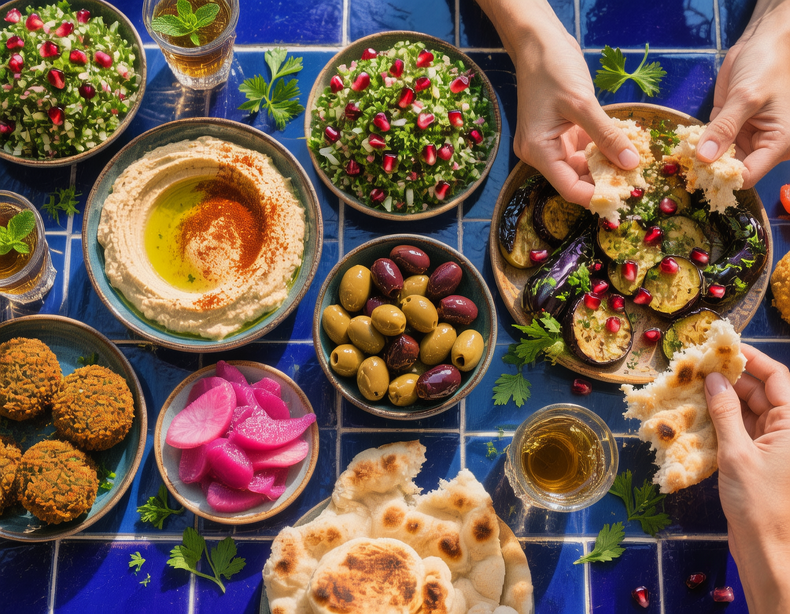 Overhead mezze spread on blue tiles with hummus, tabbouleh, olives, falafel, pink turnips and charred eggplant with pomegranate, hands tearing flatbread on the right