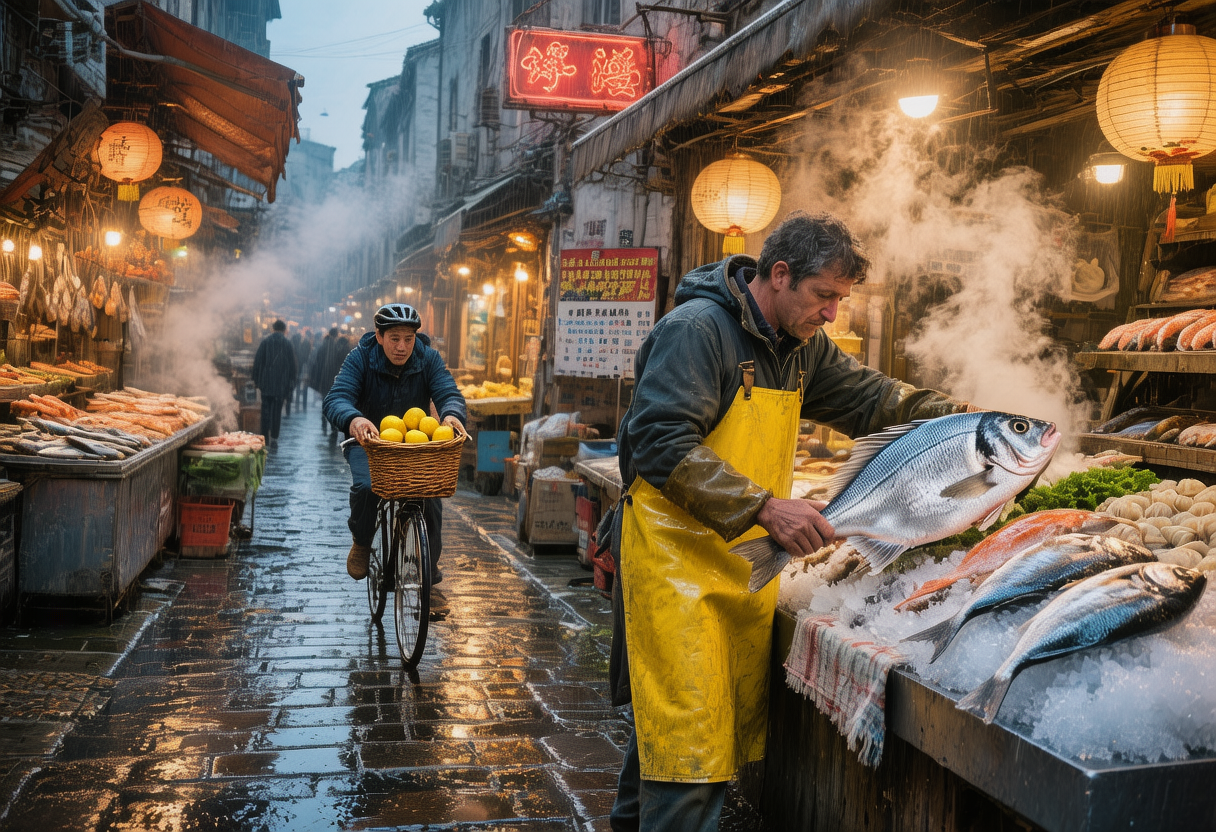 Rainy alley market at blue hour: a fishmonger in a yellow apron lifts a silver sea bream over crushed ice while a cyclist with a basket of lemons rides past under paper lanterns, a red neon sign and drifting steam