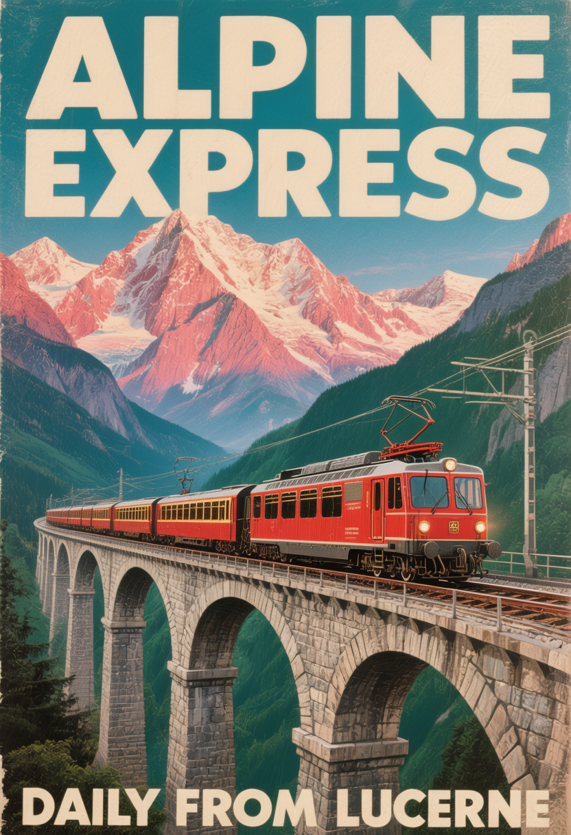 Vintage travel poster with the cream headline ALPINE EXPRESS over pink snowy peaks, a red electric train crossing a stone viaduct above a green valley, and the line DAILY FROM LUCERNE along the bottom