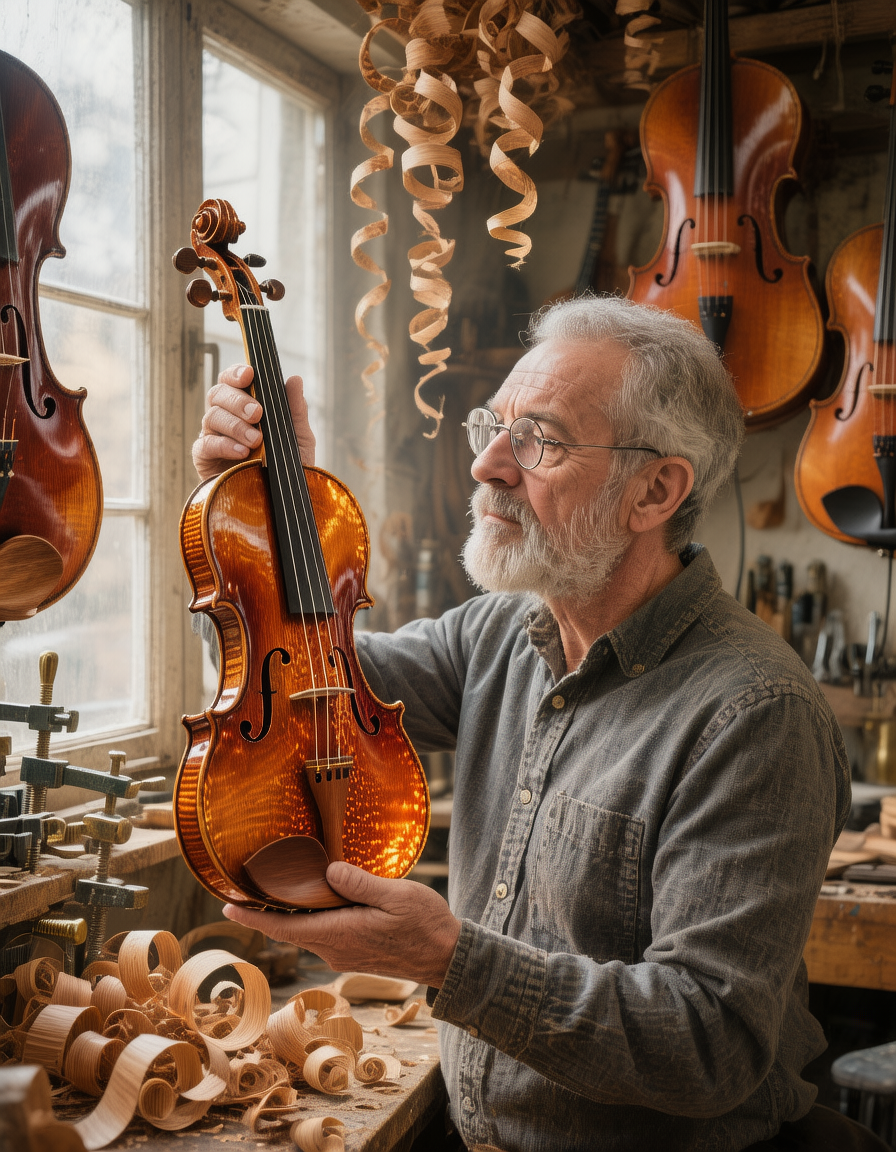 Portrait of a white bearded violin maker in wire rimmed glasses holding a glossy amber violin up to a workshop window, wood shavings curling around him and finished violins hanging behind