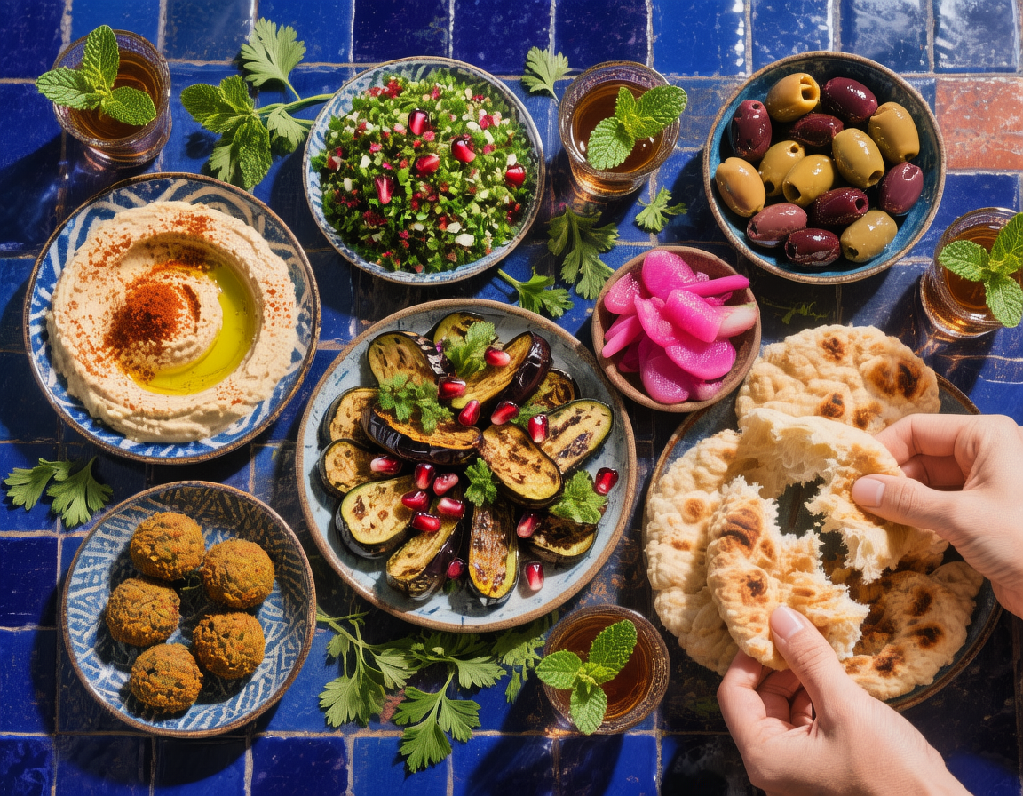 Overhead photo of a mezze spread on cobalt blue tiles: hummus with paprika and olive oil, tabbouleh with pomegranate, charred eggplant, olives, falafel, pink pickled turnips, glasses of mint tea and two hands tearing warm flatbread