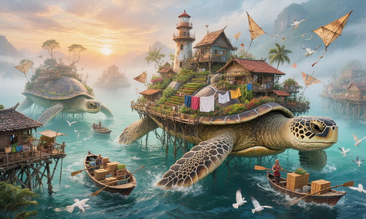 Painterly concept art of wooden stilt houses, gardens, a lighthouse and laundry lines built on the shells of giant sea turtles swimming through a misty turquoise sea at sunrise, with rowing boats, paper kites and white birds