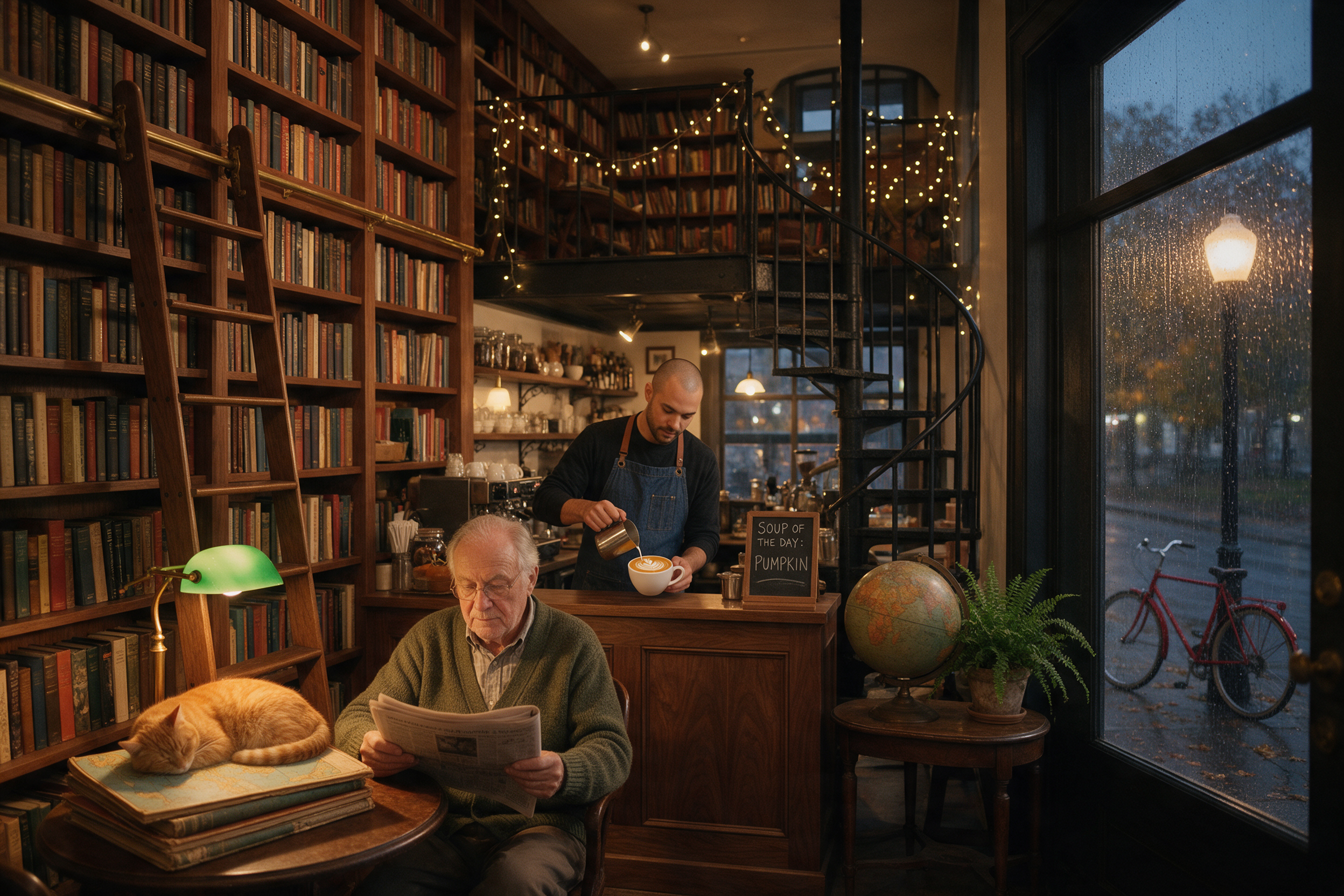 Seedream 5 bookshop cafe: a ginger cat on atlases beside an elderly man reading a newspaper, a barista pouring latte art beside a chalkboard reading SOUP OF THE DAY: PUMPKIN, a spiral staircase to a mezzanine with fairy lights, a globe, a fern and a red bicycle outside the rainy window