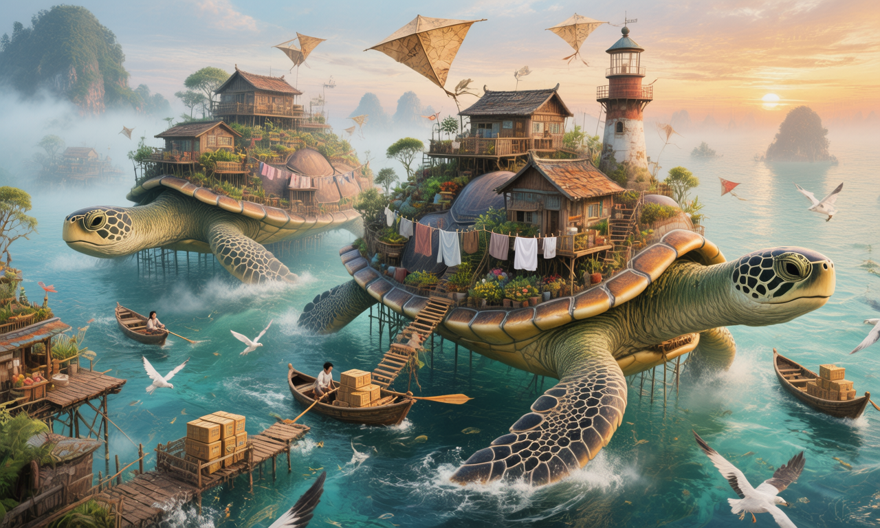 Concept art of two giant sea turtles carrying wooden houses, gardens, laundry lines and a lighthouse through a turquoise sea at sunrise, with kites, rowing boats and seabirds