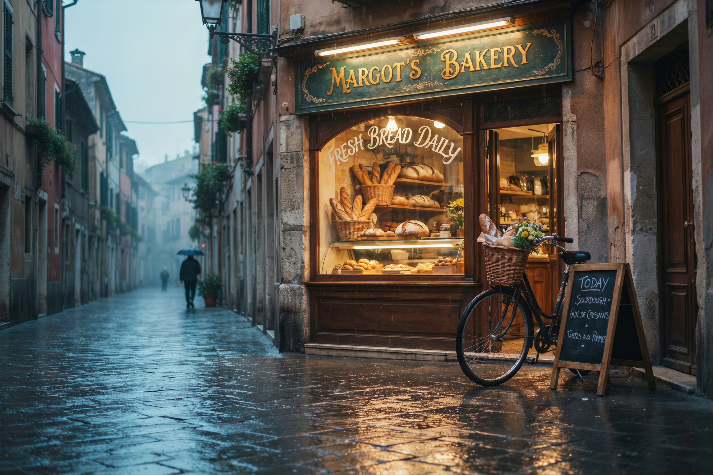 Rainy blue hour photo of a corner bakery with a green and gold sign reading MARGOT'S BAKERY, FRESH BREAD DAILY in white script on the window, shelves of loaves inside and a bicycle with a basket by the door